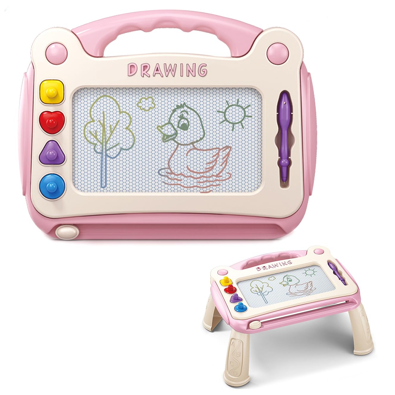 Magnetic Drawing Board 30×23.5×16 cm, Toddler Doodle Pad with Easy-Slide Eraser, 4 Stamps & Detachable Legs, Reusable Educational Gift for Ages 1 2 3 (Pink)