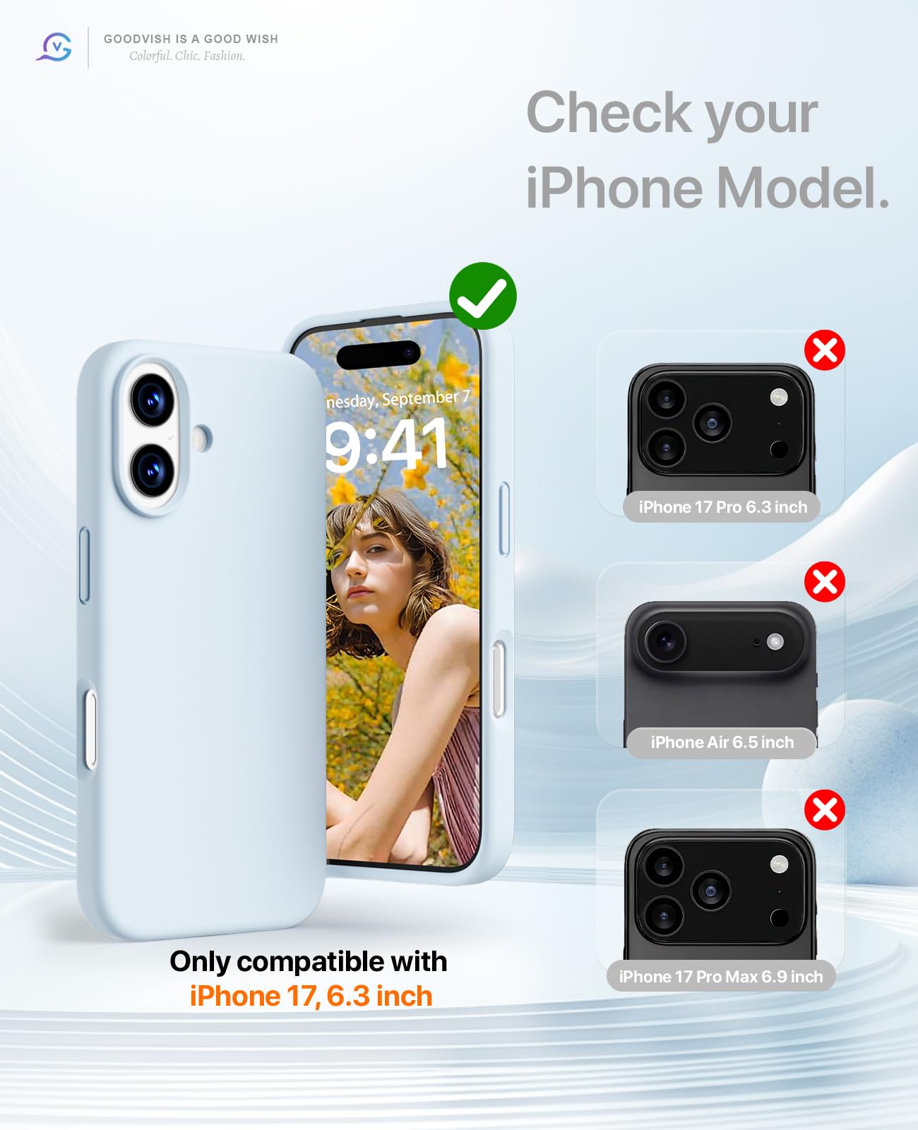 GOODVISH 3 in 1 Silicone Cover per iPhone 17 6.3", Custodia con 2 Pellicola Vetro Temperato [Protezione Fotocamera] 360° Protezione Anticaduta Case per Cellulare Antiurto Resistente, Cielo Blu