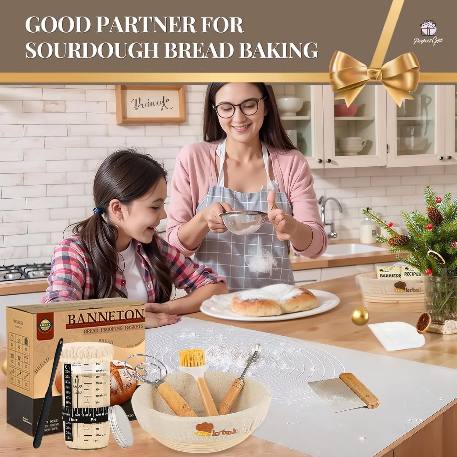 Sauerteig-Set für Anfänger, Brot-Banneton-Gärkörbe, 22,9 cm und 25,4 cm, 1000 ml Sauerteig-Starterglas, indonesisches Rattan-Backzubehör, Brot-Herstellungswerkzeuge, komplettes