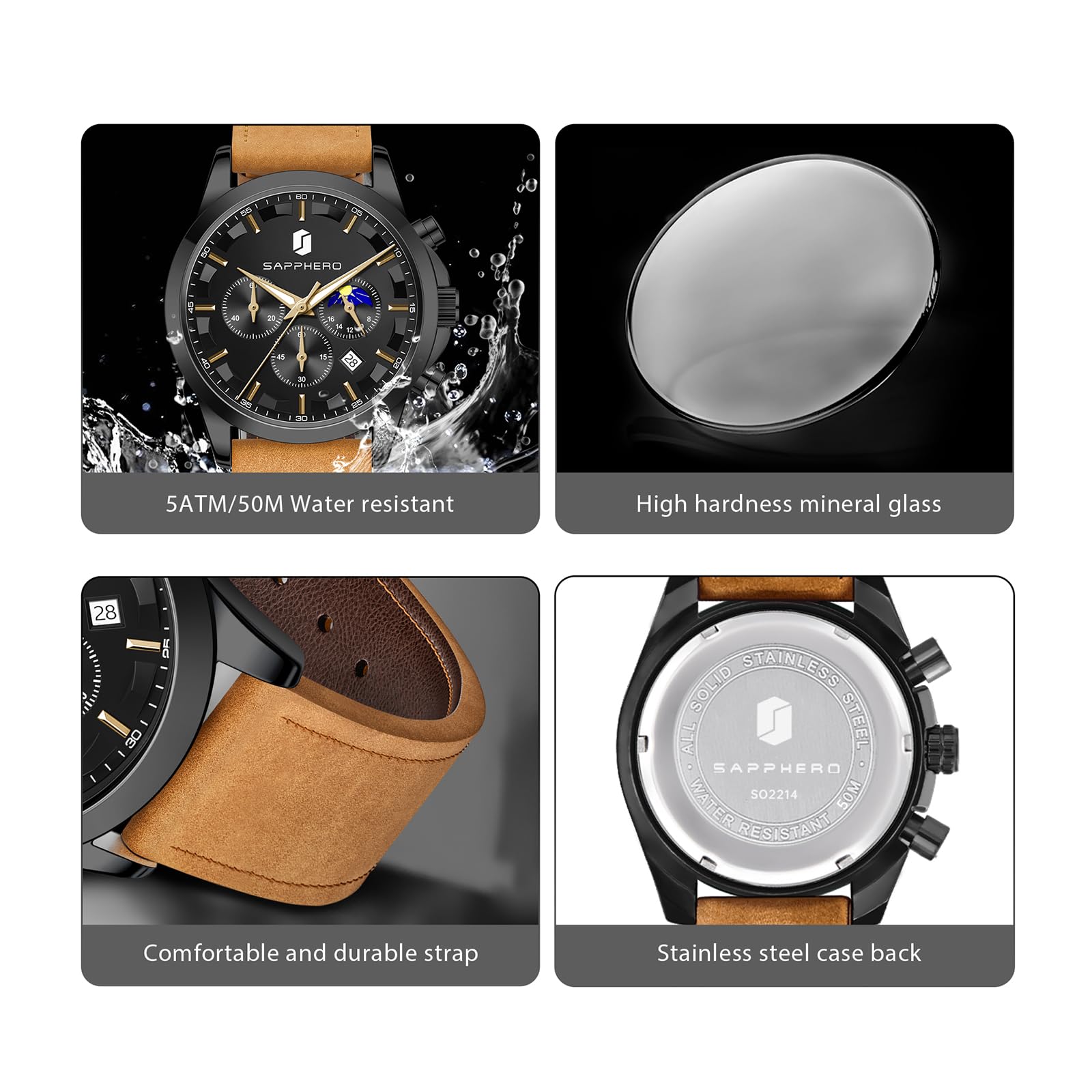 SAPPHERO Men's Watches Stainless Steel Chronograph Waterproof Quartz-Business Casual Dress Watch for Men Luminous Date Gold/Silver/Black Design-Easy-to-Read Luxury Dial-Leather Unique Elegant Gift