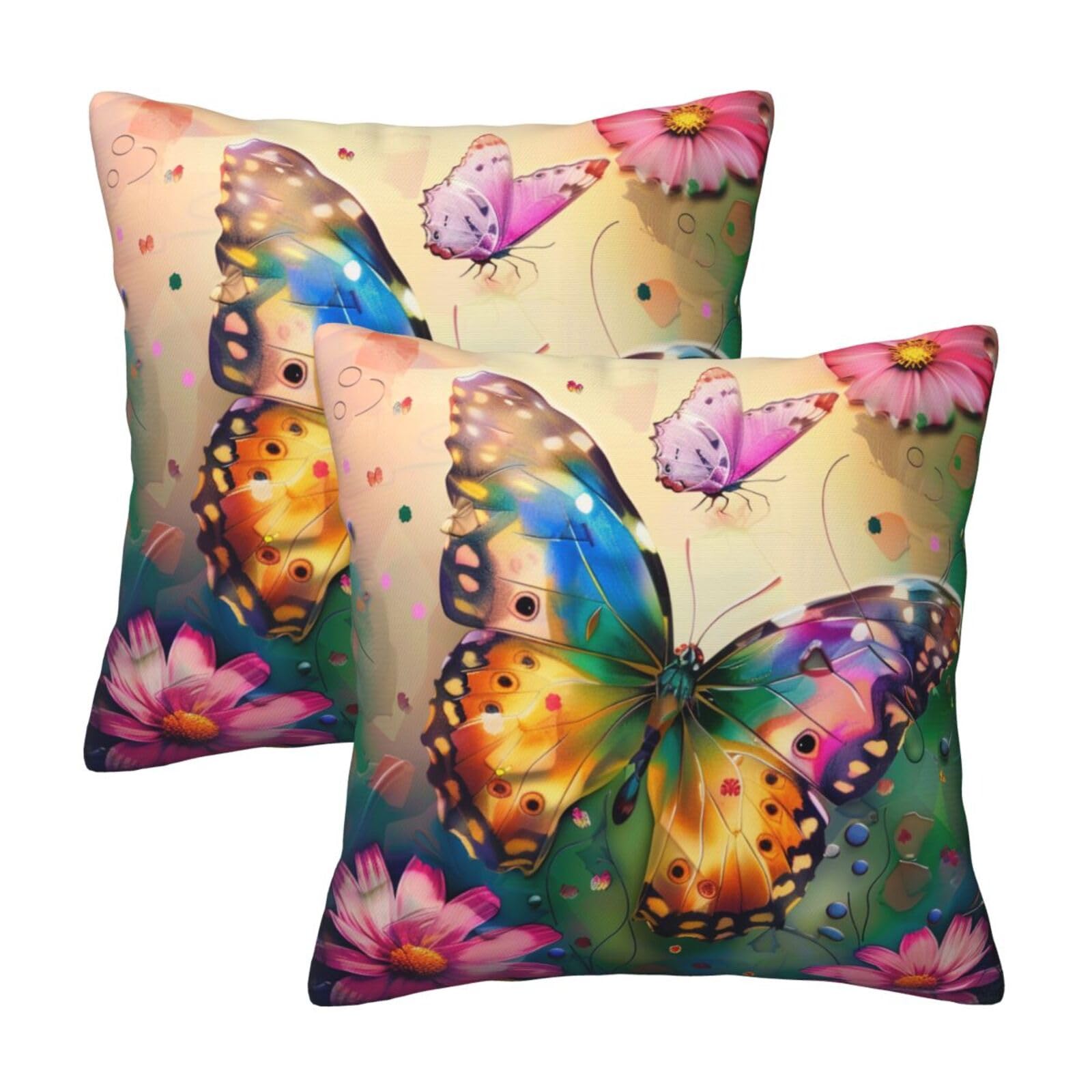 Beautiful Butterfly Throw Pillow Cases 2 Pack Square Pillowcases Soft Pillow Protectors for Couch Livingroom Sofa Bed Office Car,40x40 CM