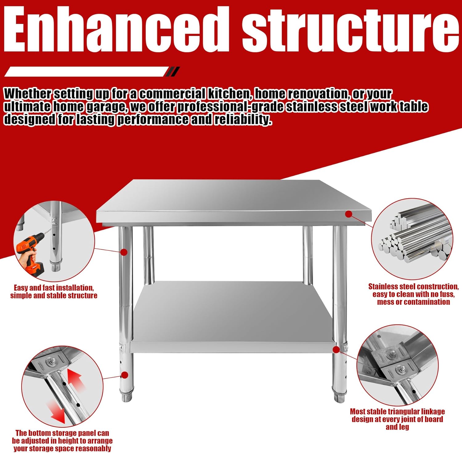 Stainless Steel Work Table 35"x24"x31" Metal Adjustable Under Shelf Prep Table 460 LBS Load Capacity with 4 Foot Pad Heavy Duty Food Prep Worktable for Home Hotel Kitchen Restaurant
