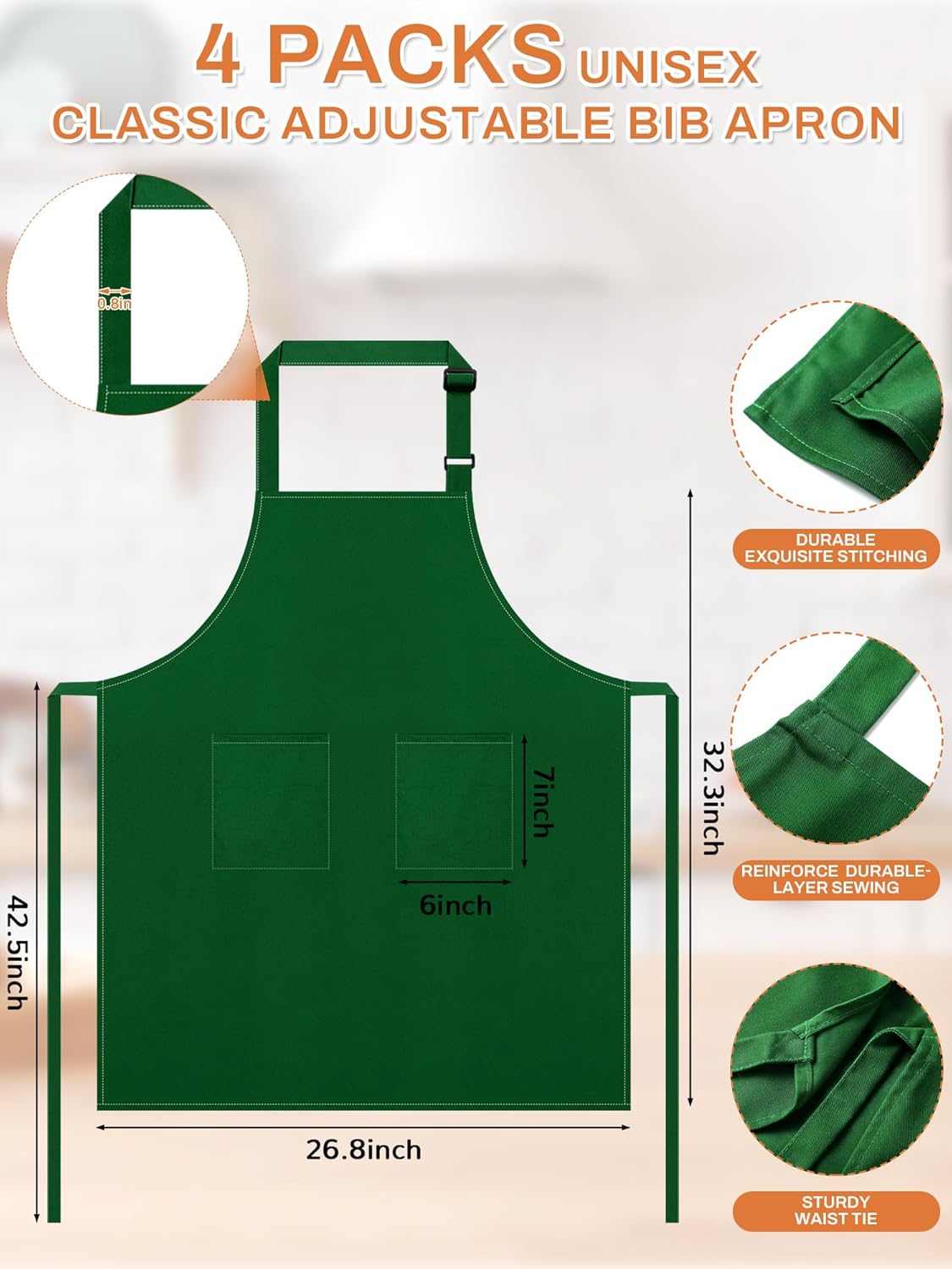 4 Pcs Green Aprons for Adults 2 Pockets Dark Green Cooking Aprons for Men Women Long Waist Tie Adjustable Neck Bib Apron for Baristas Kitchen Cafe Florist - Image 2