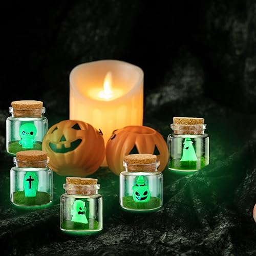 Miniatura 4 de Poen 10 juegos de fantasmas de Halloween en un tarro de masón que brilla en la oscuridad, pequeño fantasma con botella miniatura de corcho con momia