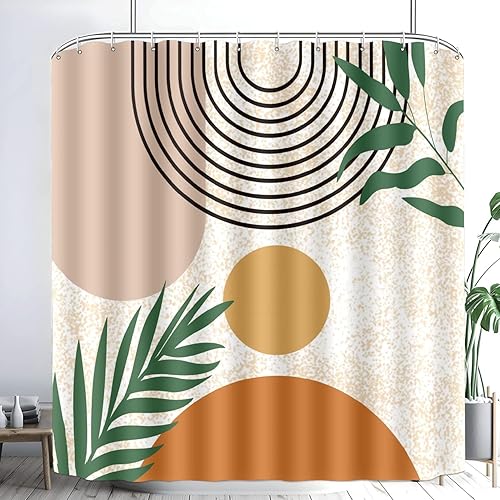 Elpluccute Cortinas de ducha abstractas bohemias, hojas geométricas, modernas, neutrales, minimalistas, elegantes, juego de cortina de baño con 12