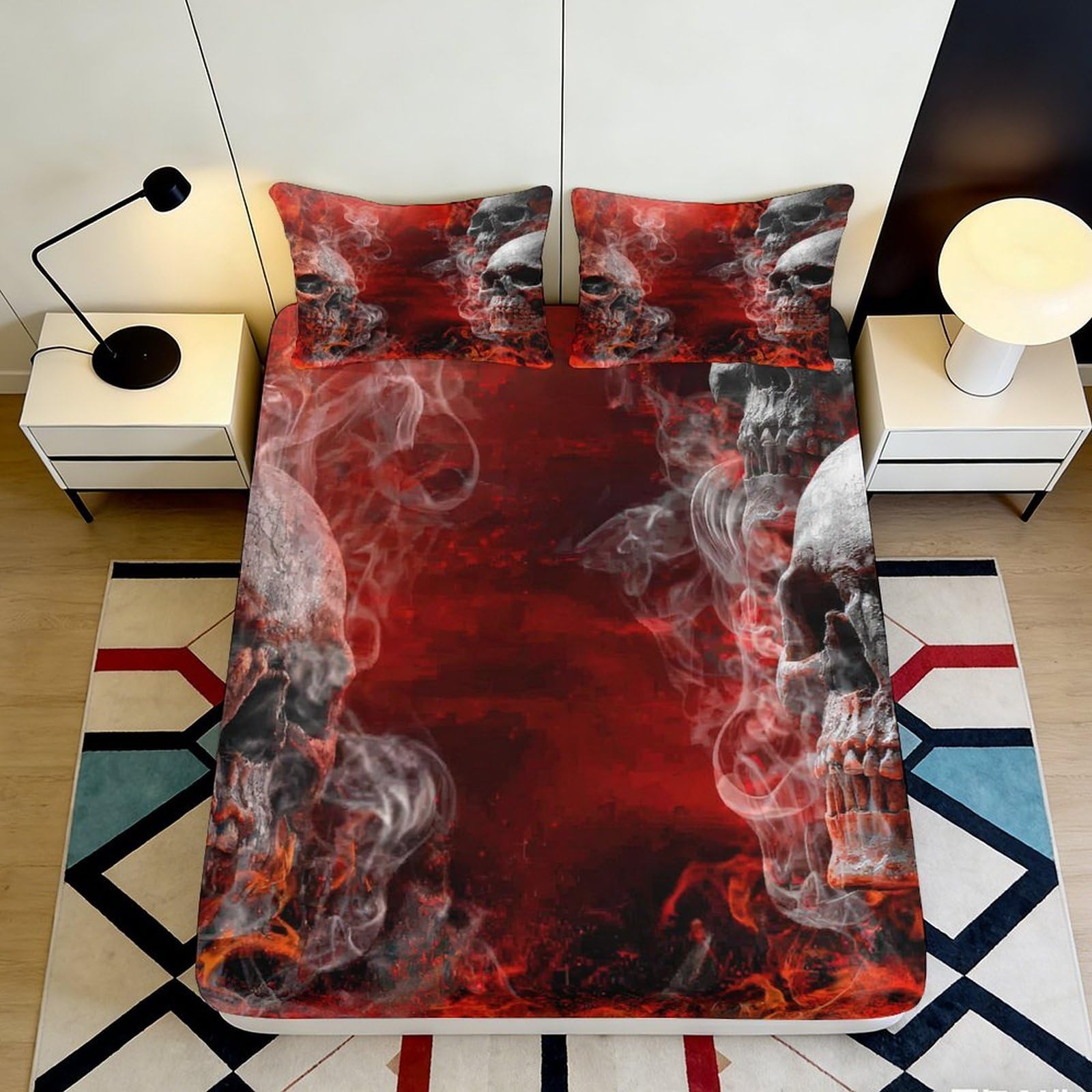 3D Printed Skull Smoke Fitted Sheet Microfiber Red Flame Bed Cover for Bedroom Dorm Mattress Protection Decor 140x200x25cm