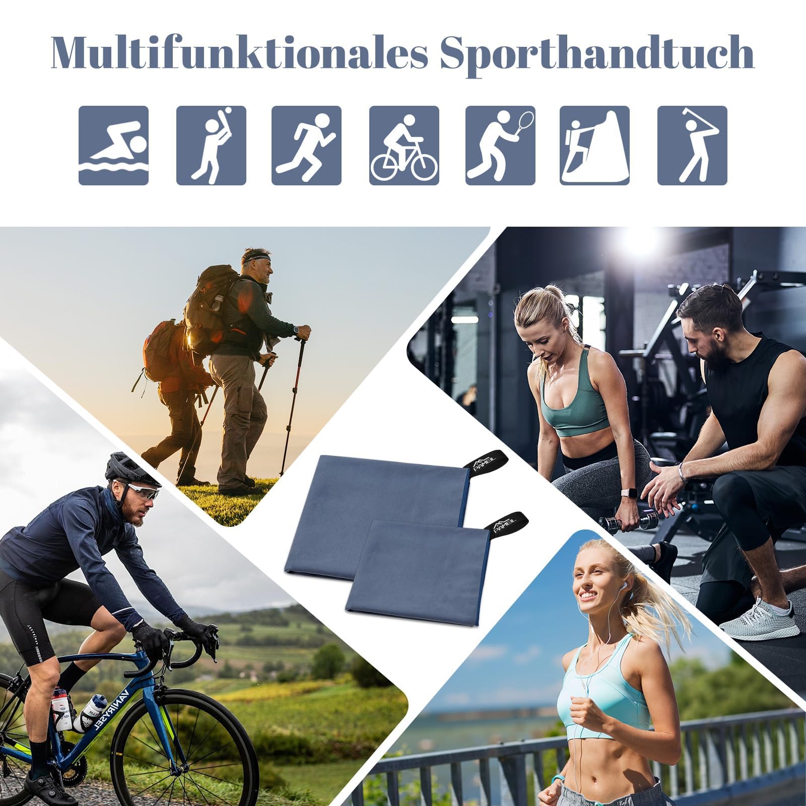 Pameil Zestaw 2 ręczników z mikrofibry, z kieszenią na zamek błyskawiczny, do fitnessu (120 x 50 cm, duży ręcznik + 80 x 40 cm, małe ręczniki), bardzo chłonny i kompaktowy jako ręcznik plażowy