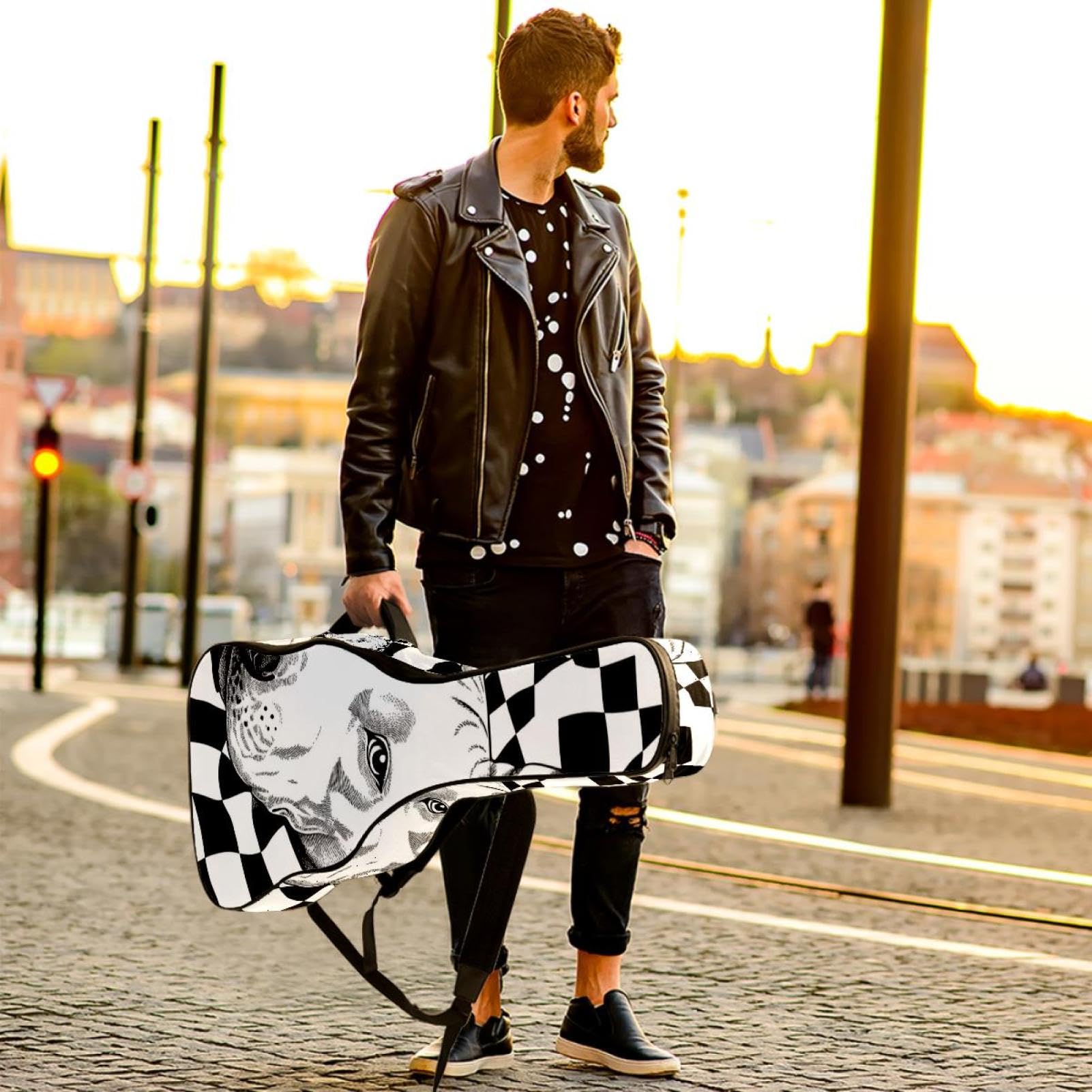 Bassgitarrentasche mit lustigem schwarz-weißem Hipster-Hundekopf 8, Tasche für Akustikgitarre, 101,6 cm (40 Zoll) E-Gitarrentasche, wasserdichte Oxford-E-Gitarre, Gigbag für akustische Konzertgitarre,