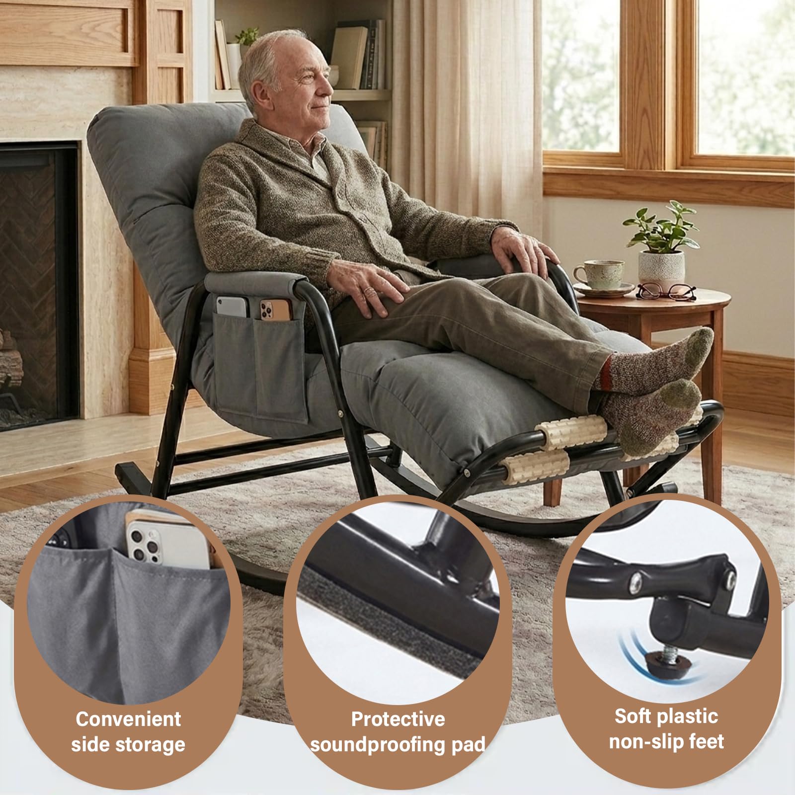 Fauteuil à Bascule avec Repose-Pieds, Dossier et Repose-Pieds Réglables 5 Positions, Repose-Pieds Massant, Revêtement Résistant, Structure en Acier, Gris, Salon, Chambre Bébé, 60×111×50 cm