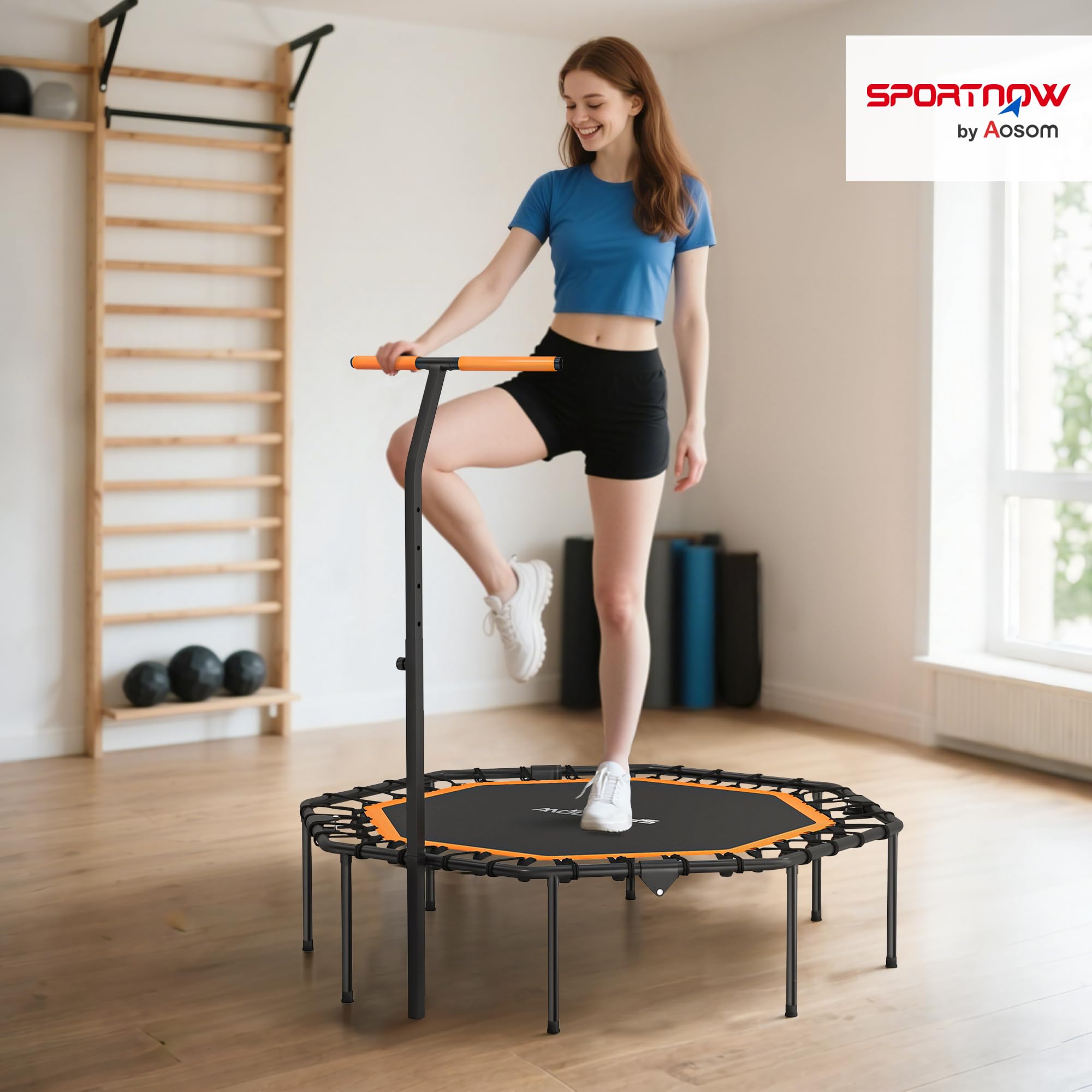 SPORTNOW Fitness Trampolin klappbar Ø128 cm Mini Trampoline mit 5-Stufig Höhenverstellbarem Haltegriff, leise Gummiseil, Trampolin für Erwachsene, Trampoline für Indoor Outdoor Jumping