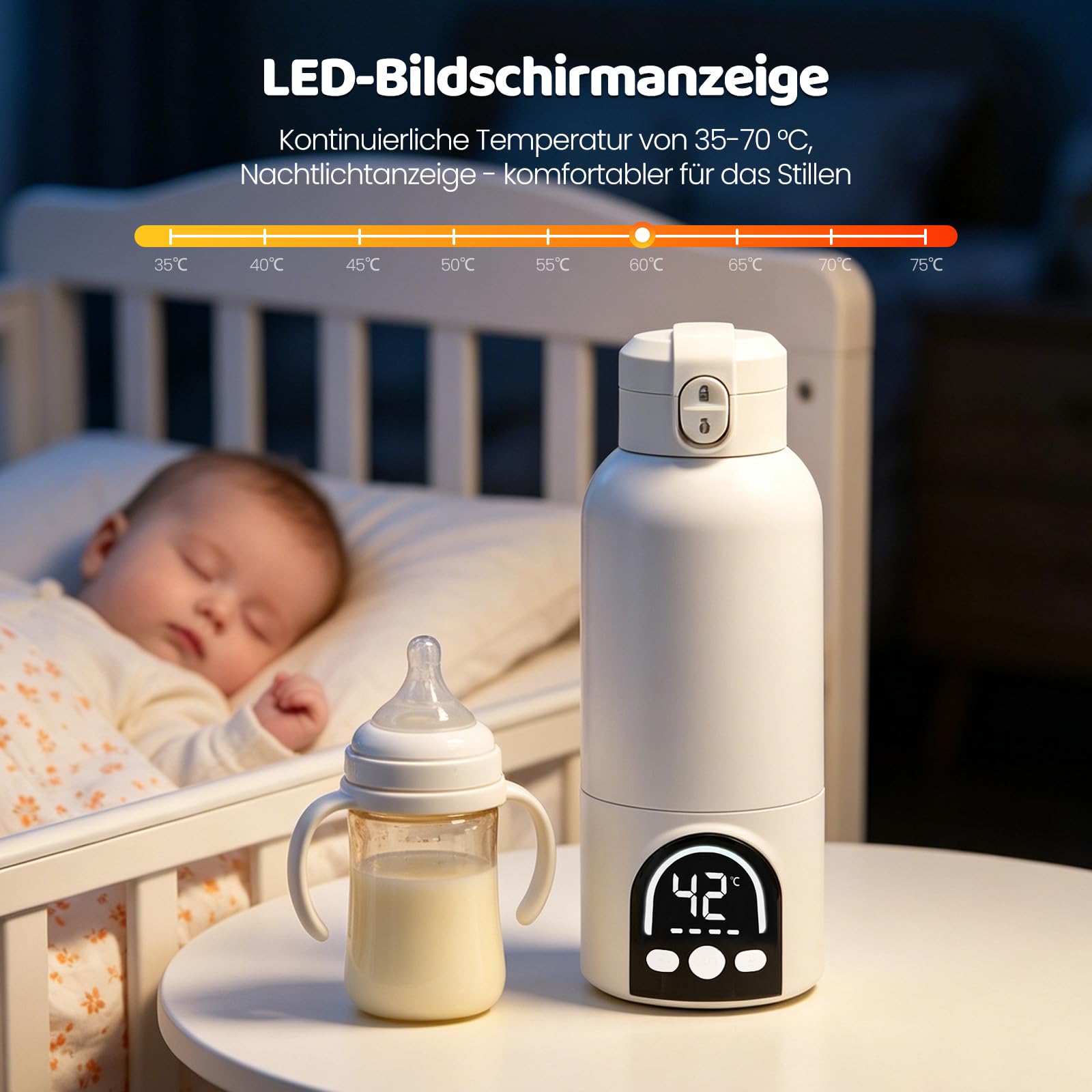 Scalda Biberon Neonato Portatile 500ml, Scaldabiberon Elettrico Portatile 12000mAh con Cavo di Ricarica, Potenza 140W Riscaldamento Rapido in Pochi Minuti, per Viaggi E Allattamento Notturno, Bianco