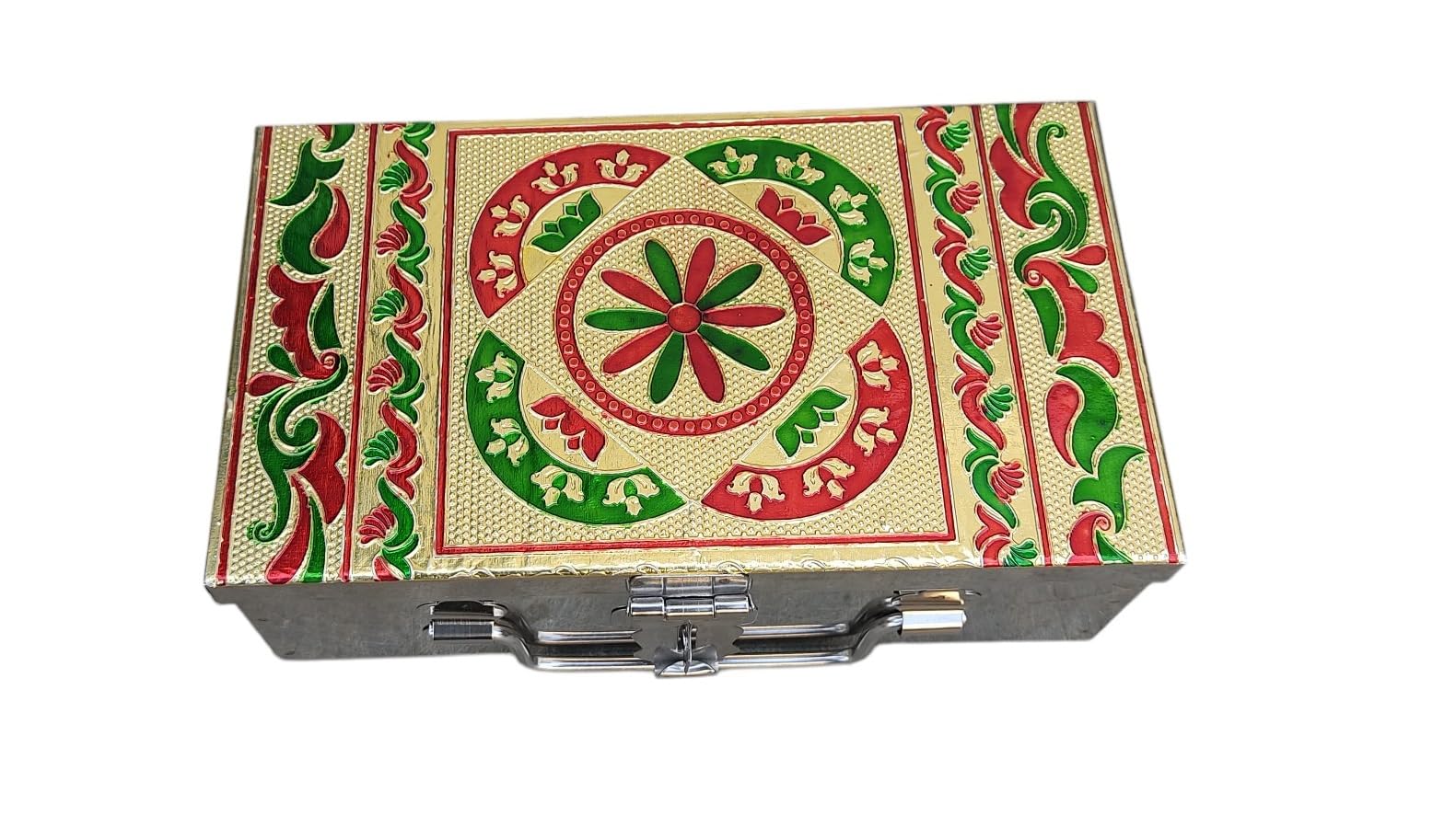GinoSet® Stainless Steel Storage Box, Cash Box, Pooja Peti, Organizer, Vanity Storage Box, Jewellery Safe Bank Locker, Cash Box With Handicrafts Digital Meena Kari Design (Silver, 8 Inch)-image-7
