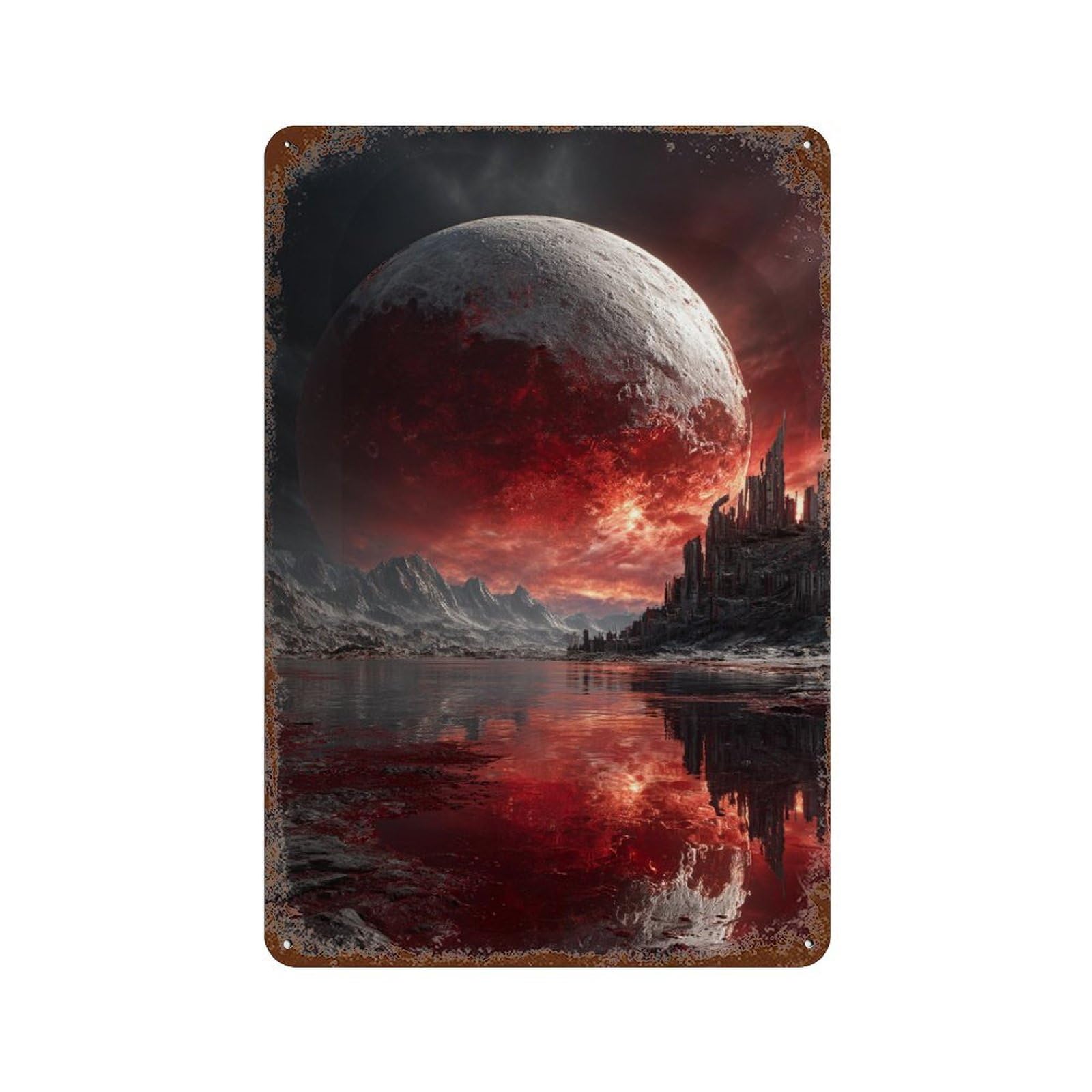 Rust Effect Blood Moon Over Alien Cityscape Vintage Metal Tin Sign 11.8"x7.9", Vintage Wall Decor for Office, Studio And Wall Decor