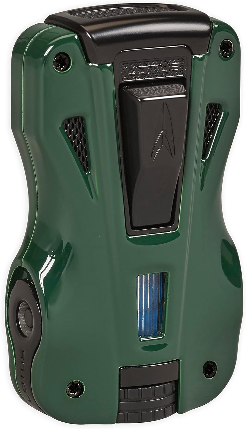 Lotus GT Cigar Lighter with Double Pinpoint Wind-Resistant Torch Flames, Metal Housing, Two Fold-Out Cigar Punches, Two-Sided Fuel Level Window, Large Tire-Shaped Flame Adjuster (Black & Black Matte)
