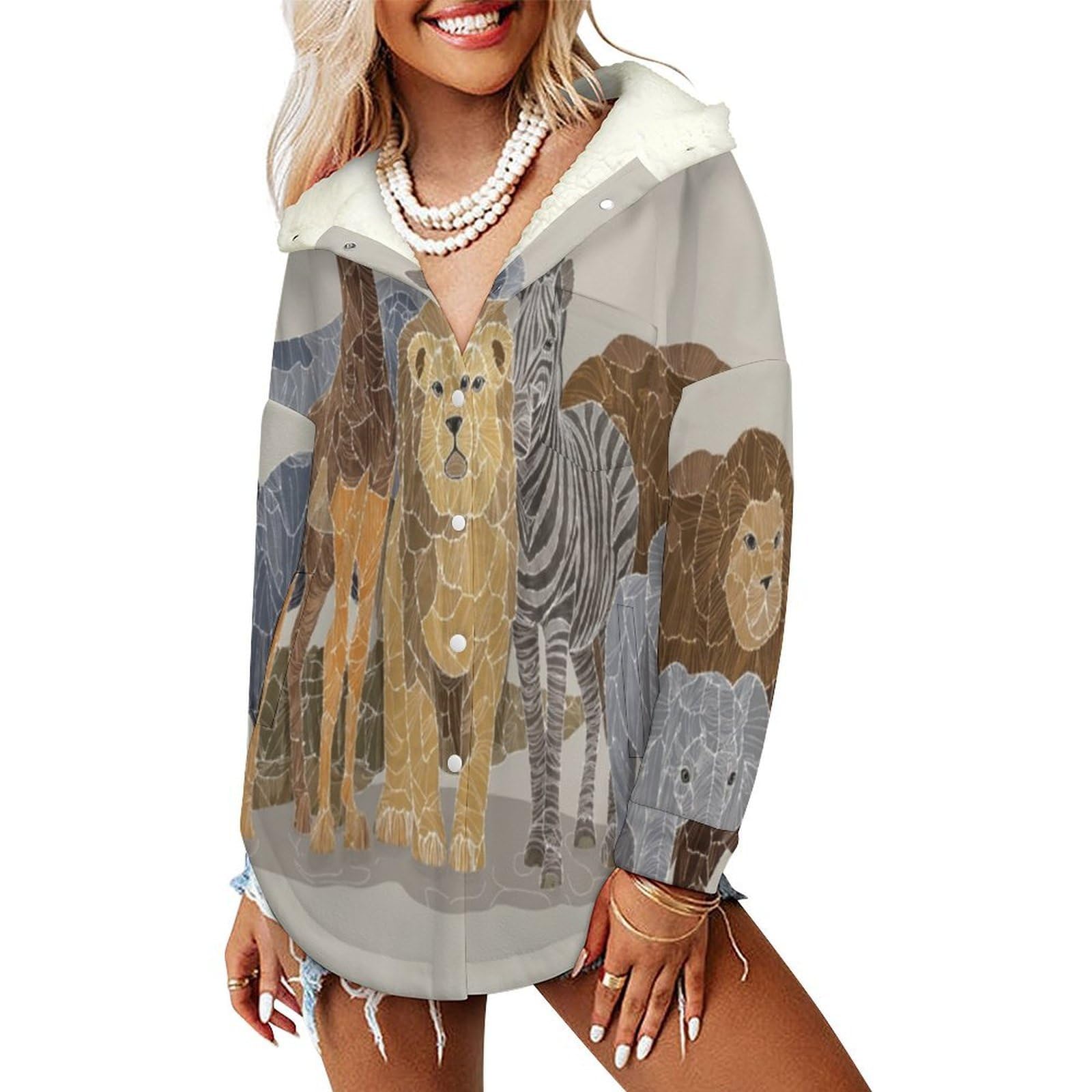 Sudadera Invierno con Capucha de Forro Polar Mujer Elefante, Rinoceronte, Jirafa Cálido Hoodies a Manga Larga Felpa Sudadera con Bolsillos, Beige