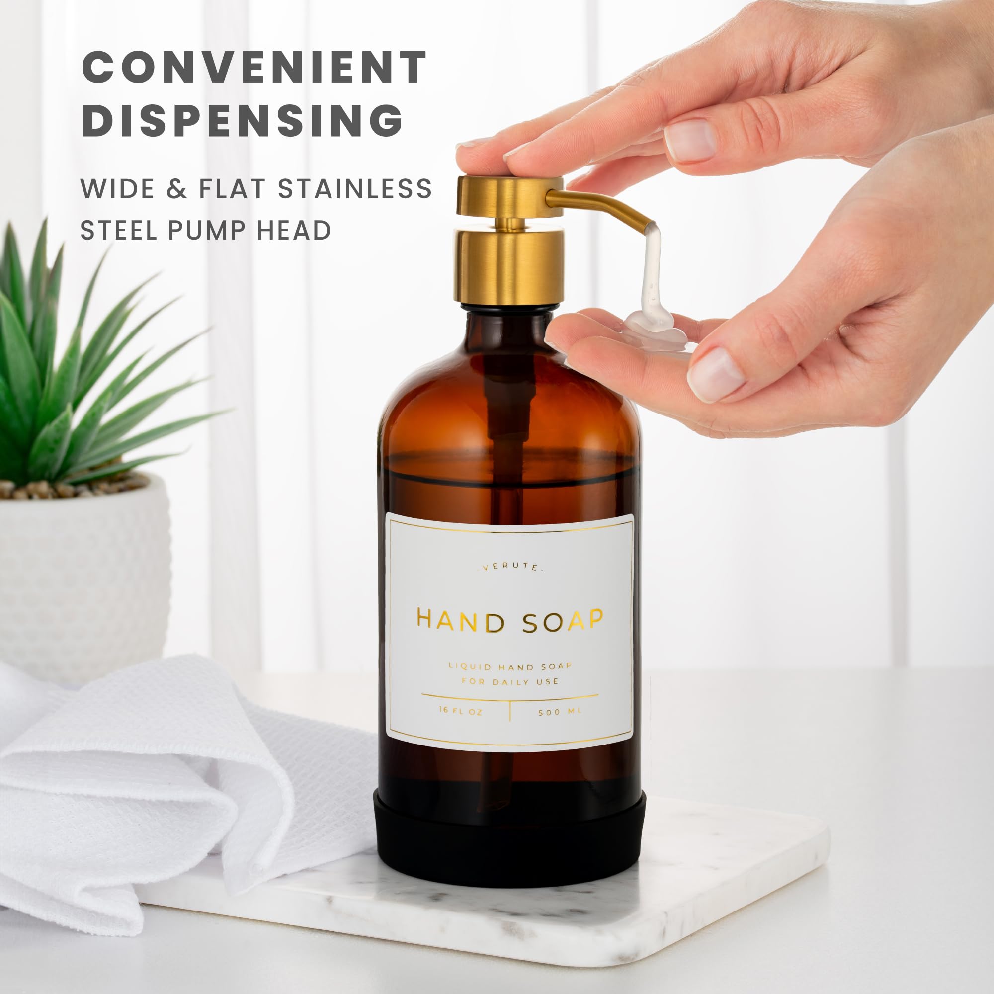 Dispenser di sapone per mani e piatti, per cucina e bagno, set di 2 bottiglie di vetro da 473,6 ml, pompa in acciaio inossidabile, base in silicone antiscivolo, 27 etichette impermeabili (bottiglia