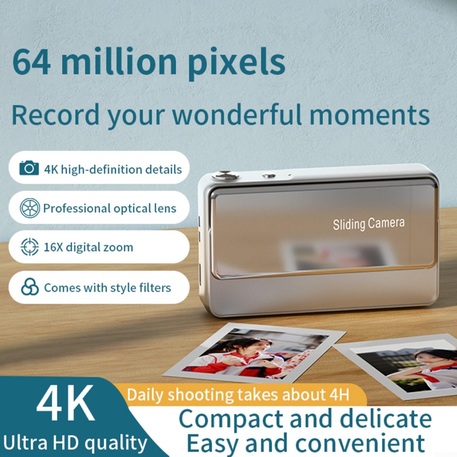 64MP Slider Fotocamera Digitale con Zoom 16X, Video 4K, Punto Compatto e Scatta per Studenti, Argento (Bianco)