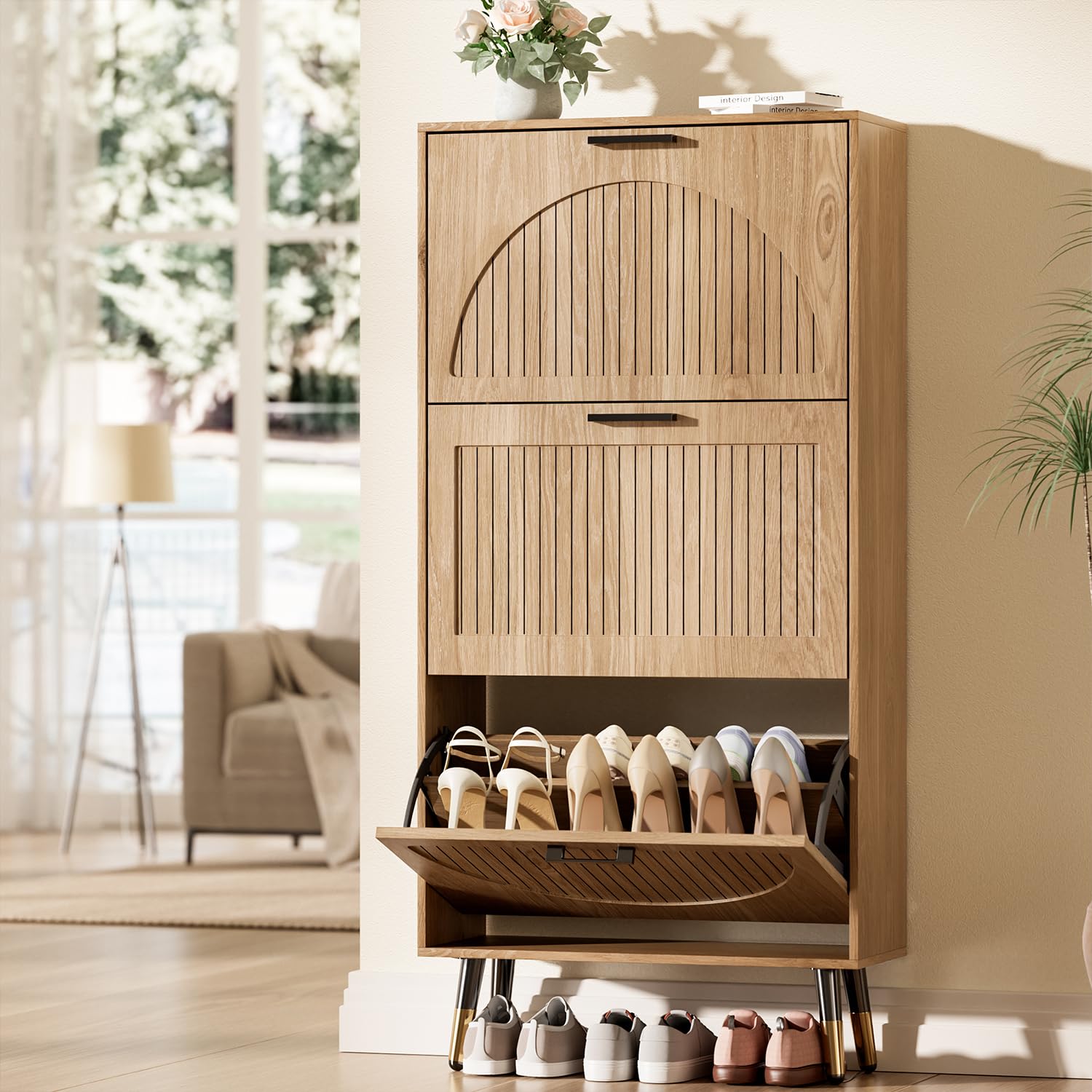 Farmhouse Shoe Cabinet Storage for Entryway, Slim Hidden Shoe Rack Cabinet