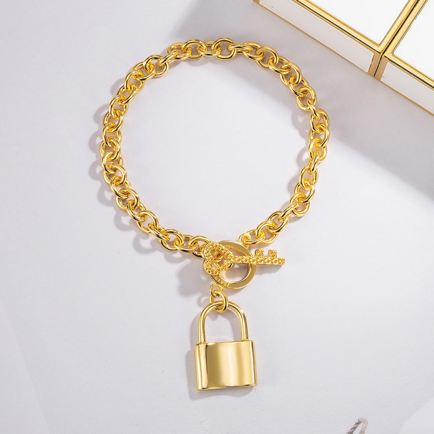 Dankadi Charm Women 925 Sterling Silver Key Lock Pendant Bracelet Fashion Solid Silver Rolo Chain Bangle Fine Jewelry Gift For Wife & Girlfriend (Gold lock style, 8 inch)