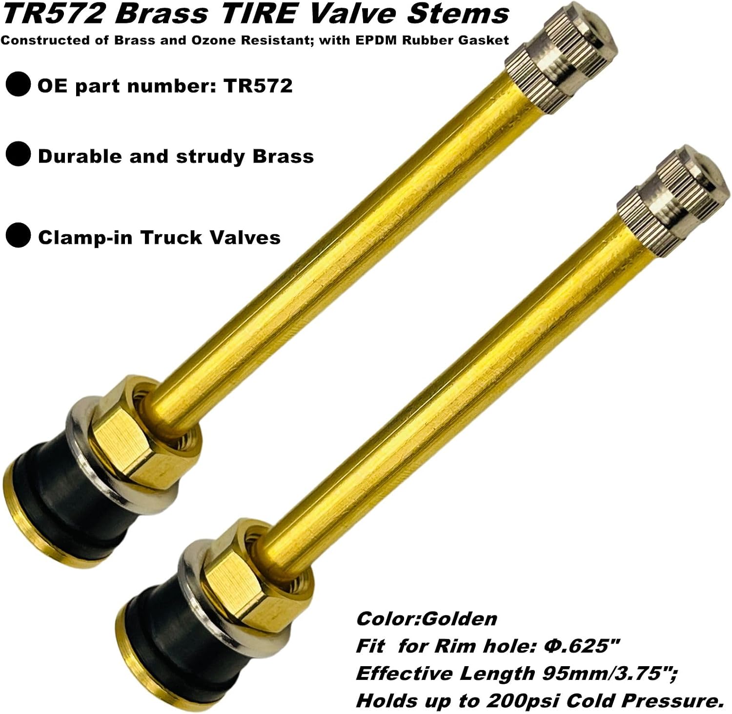 TR572 Brass Commercial Truck Valve Stems (Pack of 10) - 3-3/4 for Rim .625", Clamp-in Replacement for Bus Tires