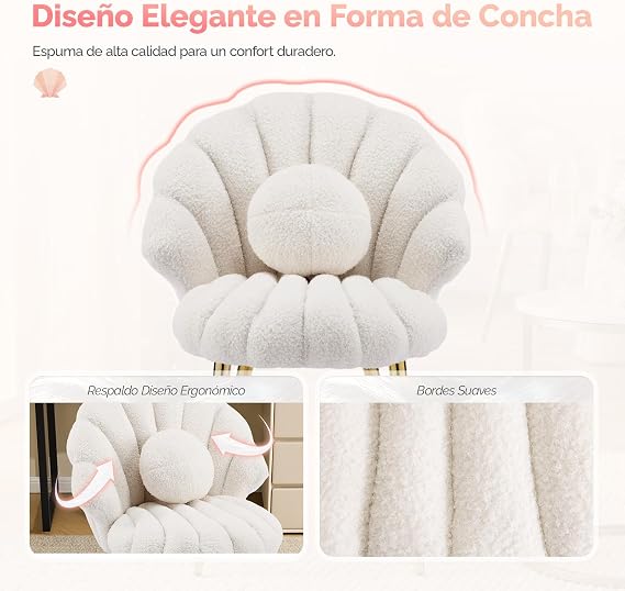 Bonnlo Makeup Dressing Table, Soft Plush Desk Chair without Wheels, with Shell Back and Removable Cushion, Nordic Style Dining Chair with Gold Legs and Round Back, Beige