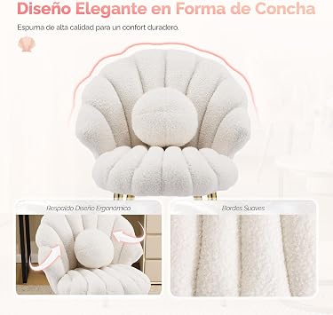 Bonnlo Makeup Dressing Table, Soft Plush Desk Chair without Wheels, with Shell Back and Removable Cushion, Nordic Style Dining Chair with Gold Legs and Round Back, Beige
