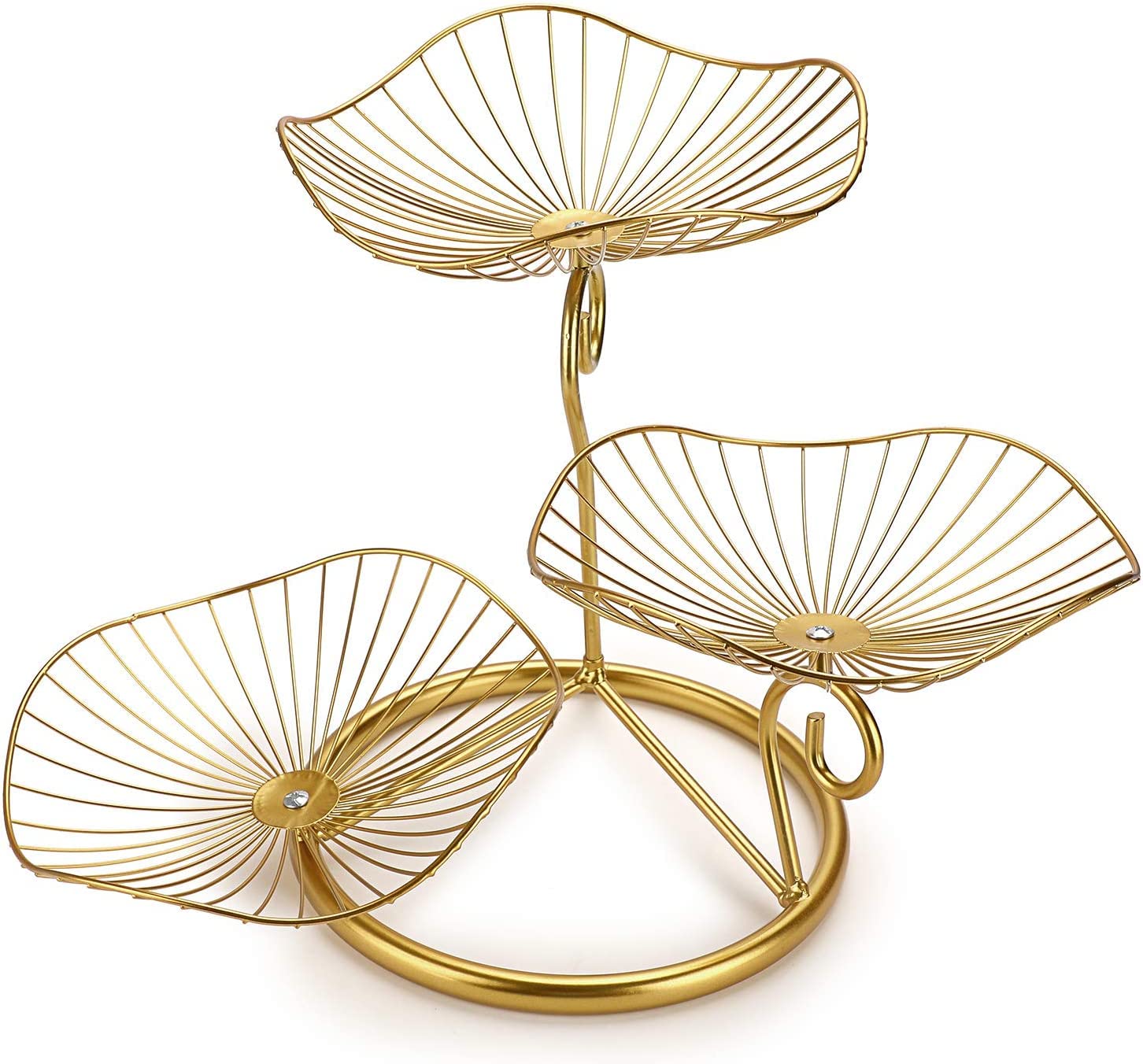 Jaffiust 3 Tier Fruit Basket Rack Decorative Iron Fruit Bowl, Metal Wire Fruit Rack Storage Tray Desk Stand for Vegetable Bread Snacks, Modern Fruit Bowls, Suitable for Kitchen Home Use(Gold)