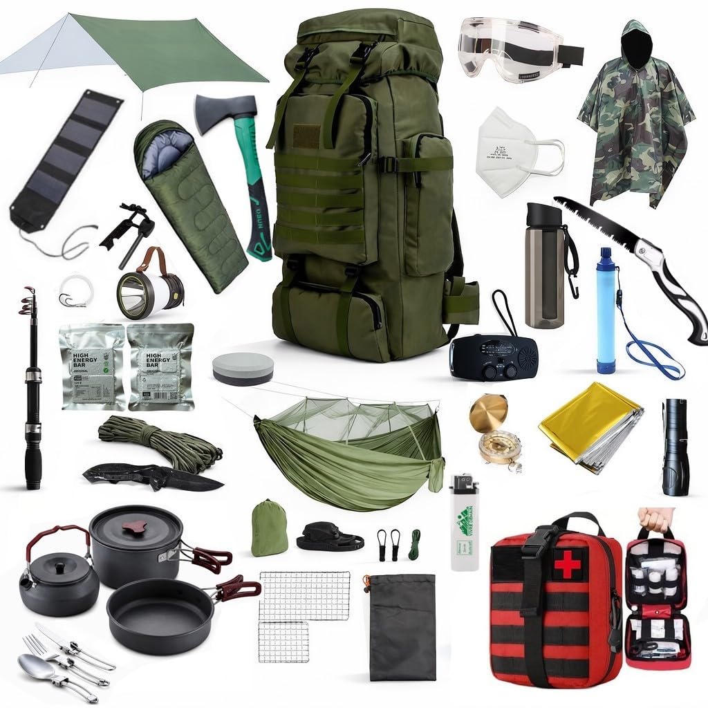 Kit de Survie XXL Sac à Dos et Bivouac Autonome | Équipement Multi-outils, Hamac avec Moustiquaire, Panneau Solaire Inclus, Trousse de Premiers Secours, Cuisine de Camping