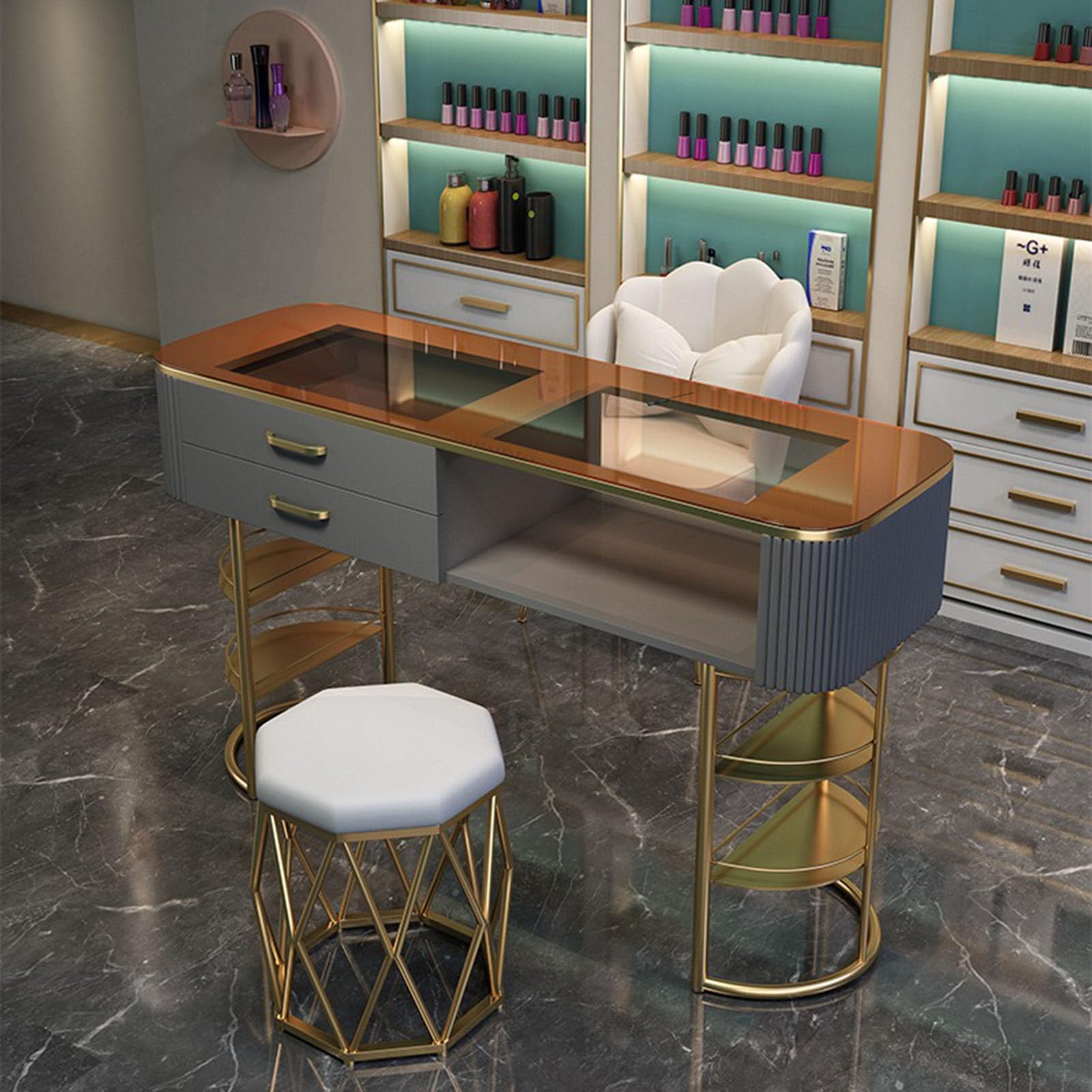 Nagelstudio-Arbeitsplatz Aus Holz, Moderner Arbeitsplatz Für Professionelle Nageldesigner, Salon-Ausstattung Mit Schubladen Und Zwei Ablagefächern(120 cm Quadrat, Grau)