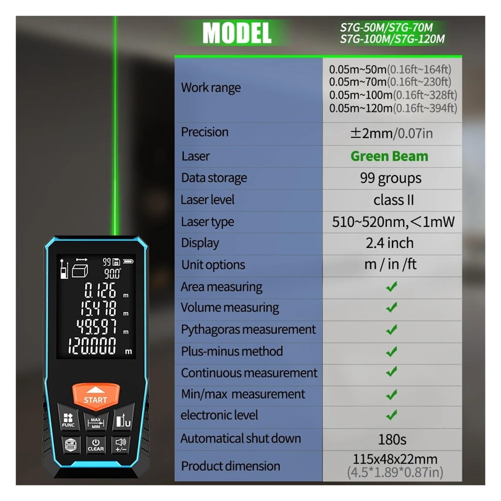 Medidor de área de terreno Rayo Verde Digital Telémetro 50M70M100M120M Luz Verde Medidor De Distancia Cinta Métrica Ruleta Mide distancia, área y volumen(50M(165ft))