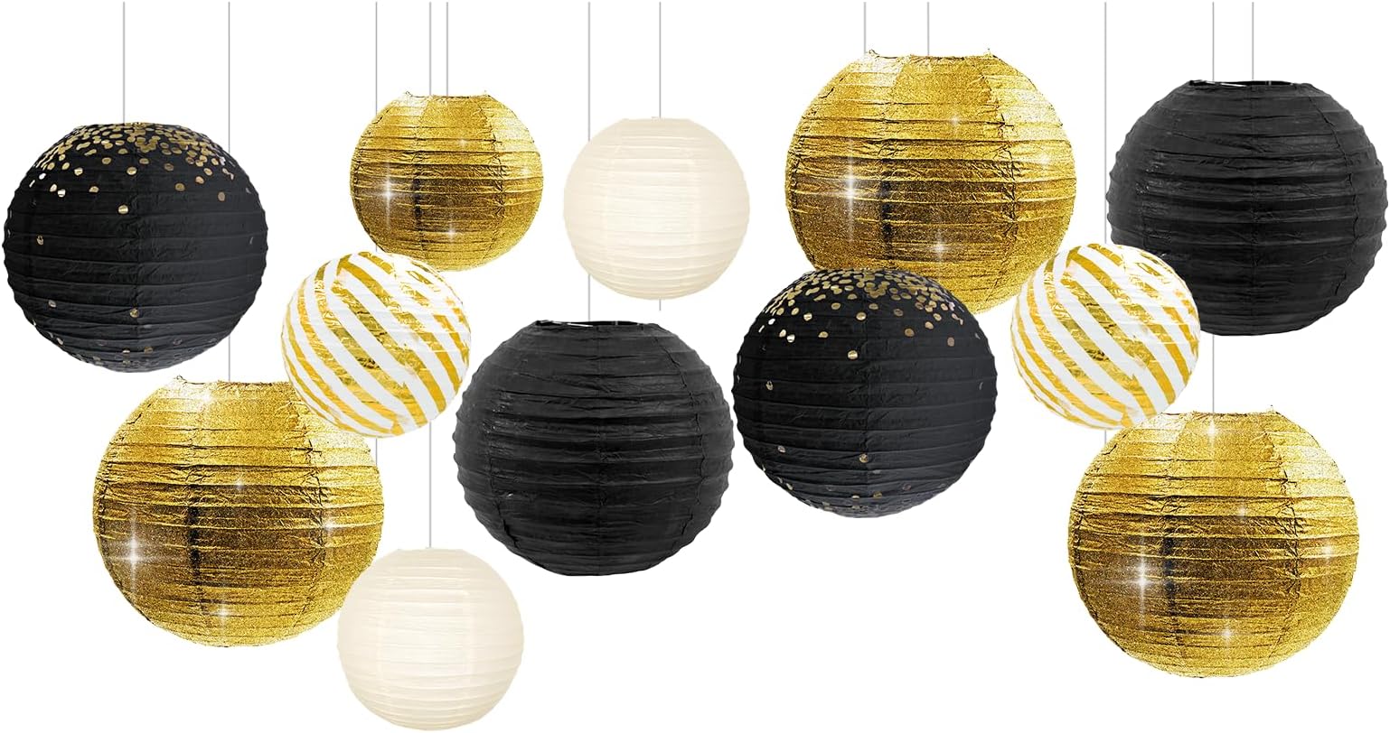 NICROLANDEE 12PCS Black Gold Paper Lanterns 12" New Years Eve Party Decor