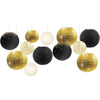 NICROLANDEE Black and gold party decorations   12 pieces black gold colored metallic foil paper lanterns decorative for birthday baby shower retirement party graduation anniversary