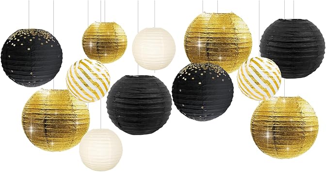 NICROLANDEE 12PCS Black Gold Paper Lanterns 12" New Years Eve Party Decor