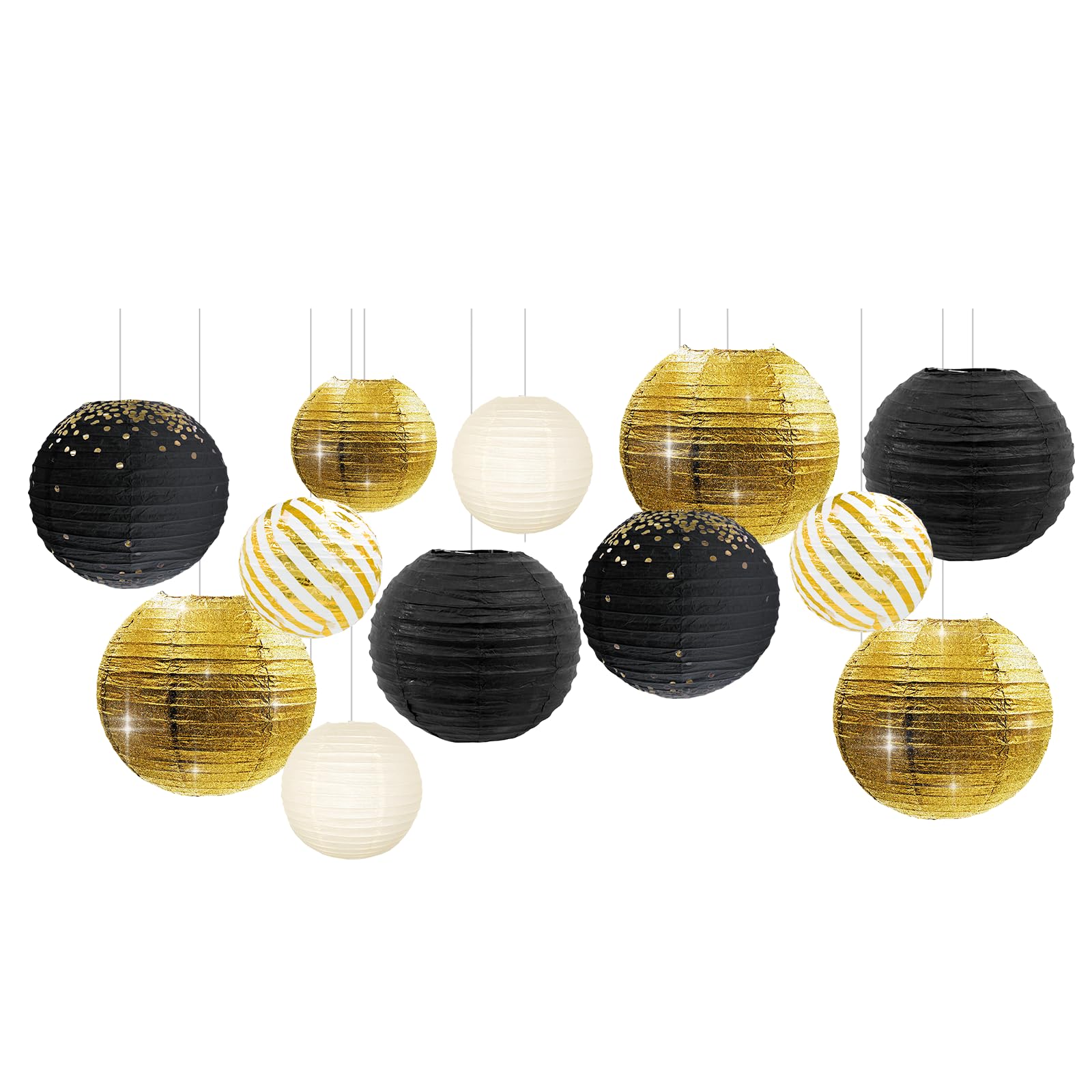 NICROLANDEE Black Gold Party Supplies - 12PCS Black and Gold Metallic Foil Paper Lanterns Decorative for Wedding, Graduation, Birthday, Baby Shower,