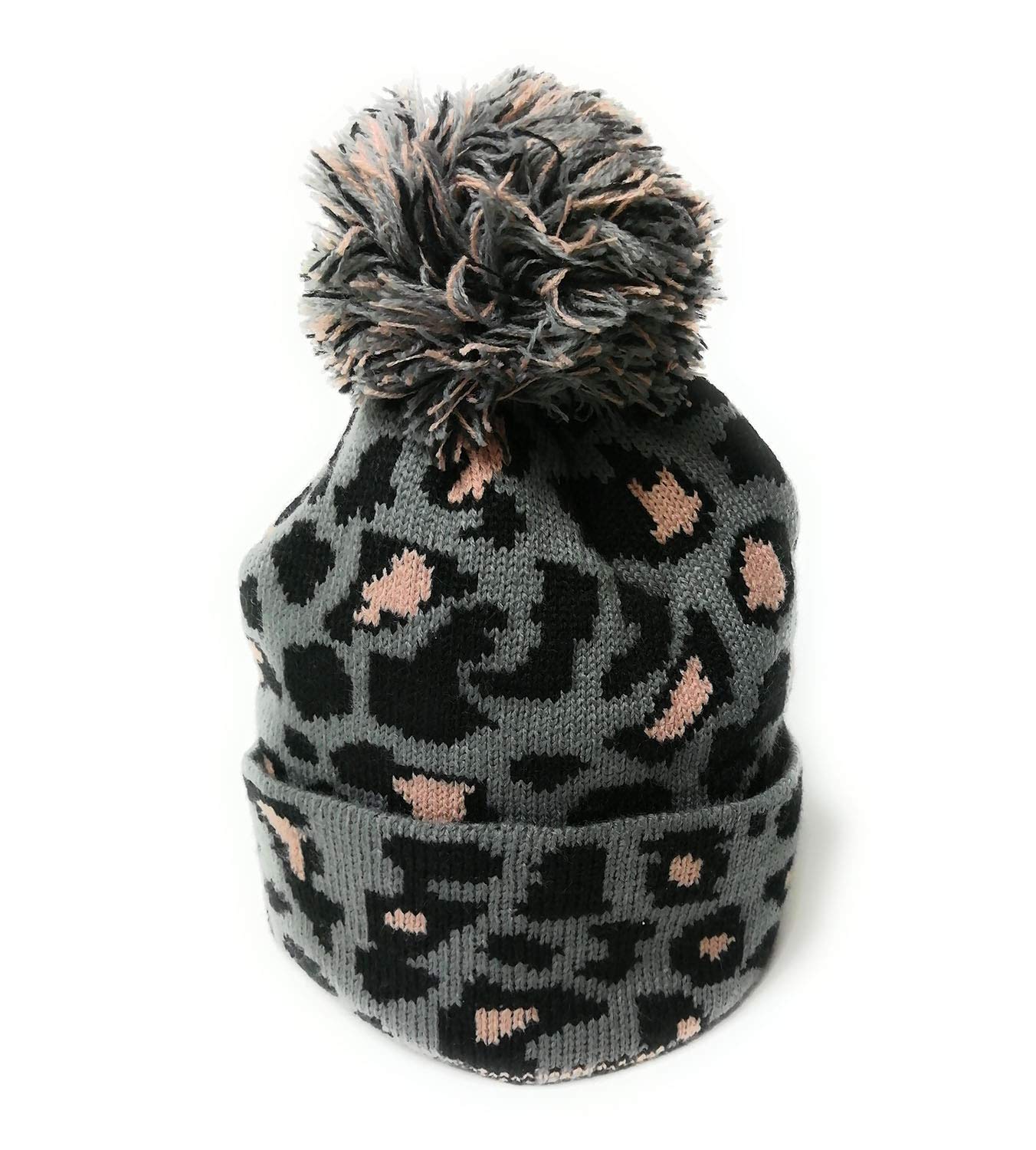 Kgm Accessories Women's Grey Cool Knitted Leopard Bobble Hat - Animal Print Hats (Grey)