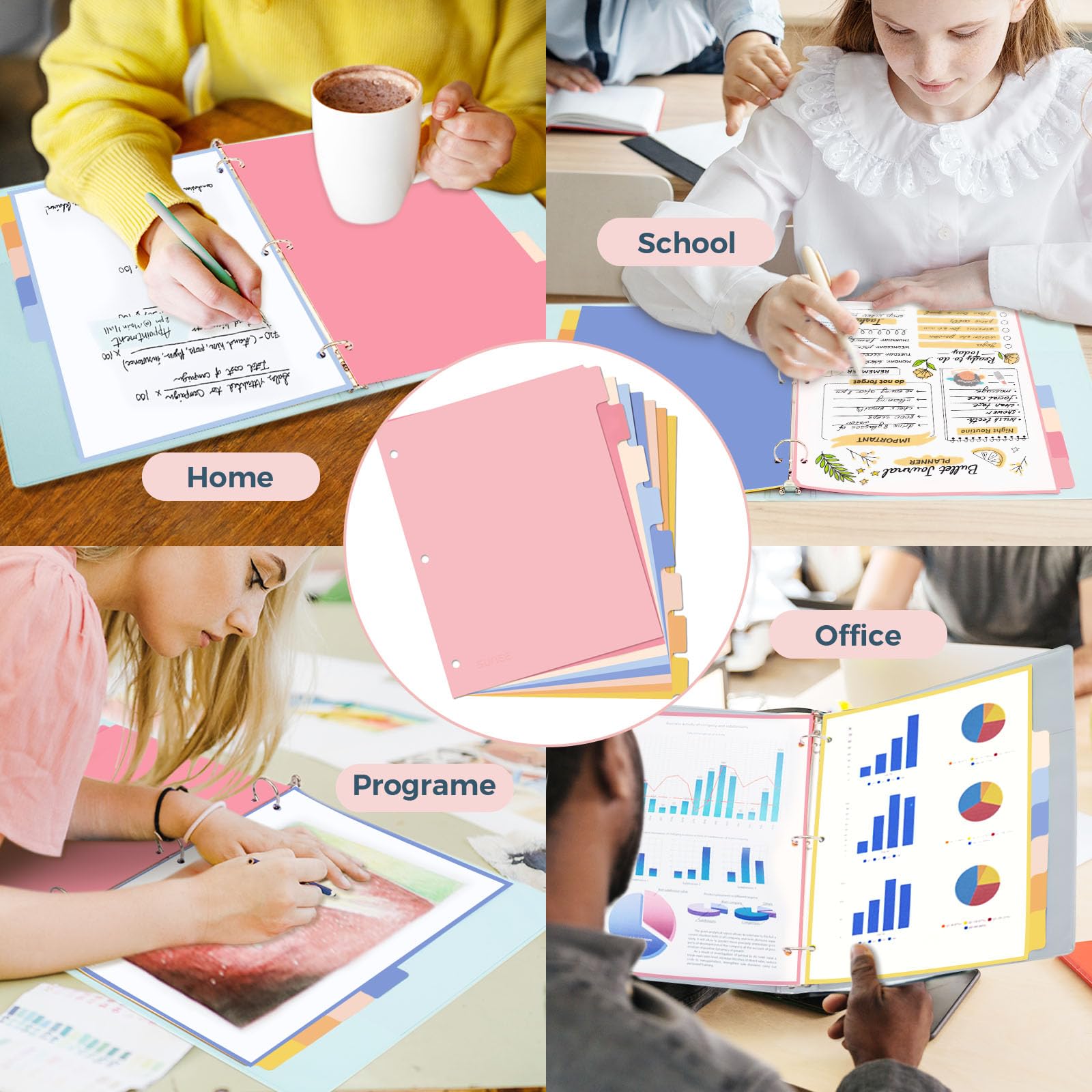 SUNEE 8 Tab Binder Dividers,Plastic Dividers for 3 Ring Binder,3 Ring Binder Dividers with Tabs for School Office Home Supplies,Pastel Color,  Set: 1