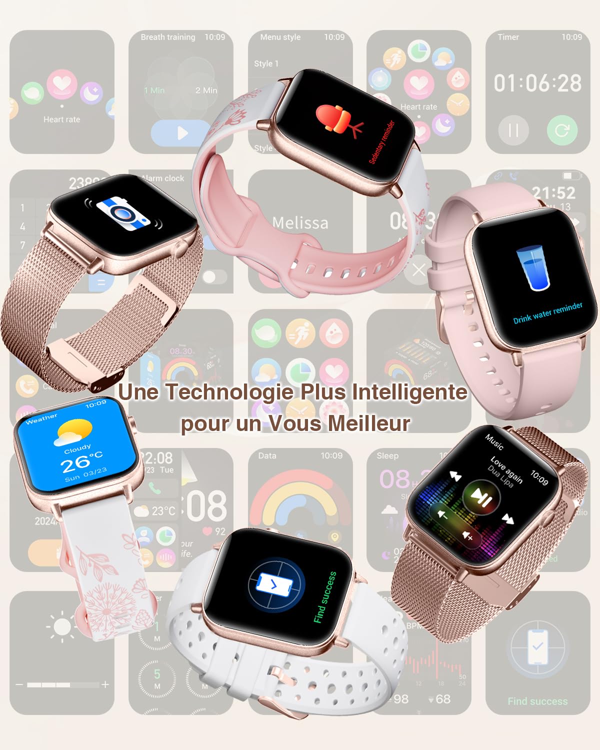 Montre Connectée Femme avec Appel Bluetooth 4 Bracelets 1.83" HD Smartwatch Femme avec Fréquence Cardiaque Sommeil Féminine 110+ Modes Sportifs Podomètre Tracker d'activité pour Android iOS, Or rose