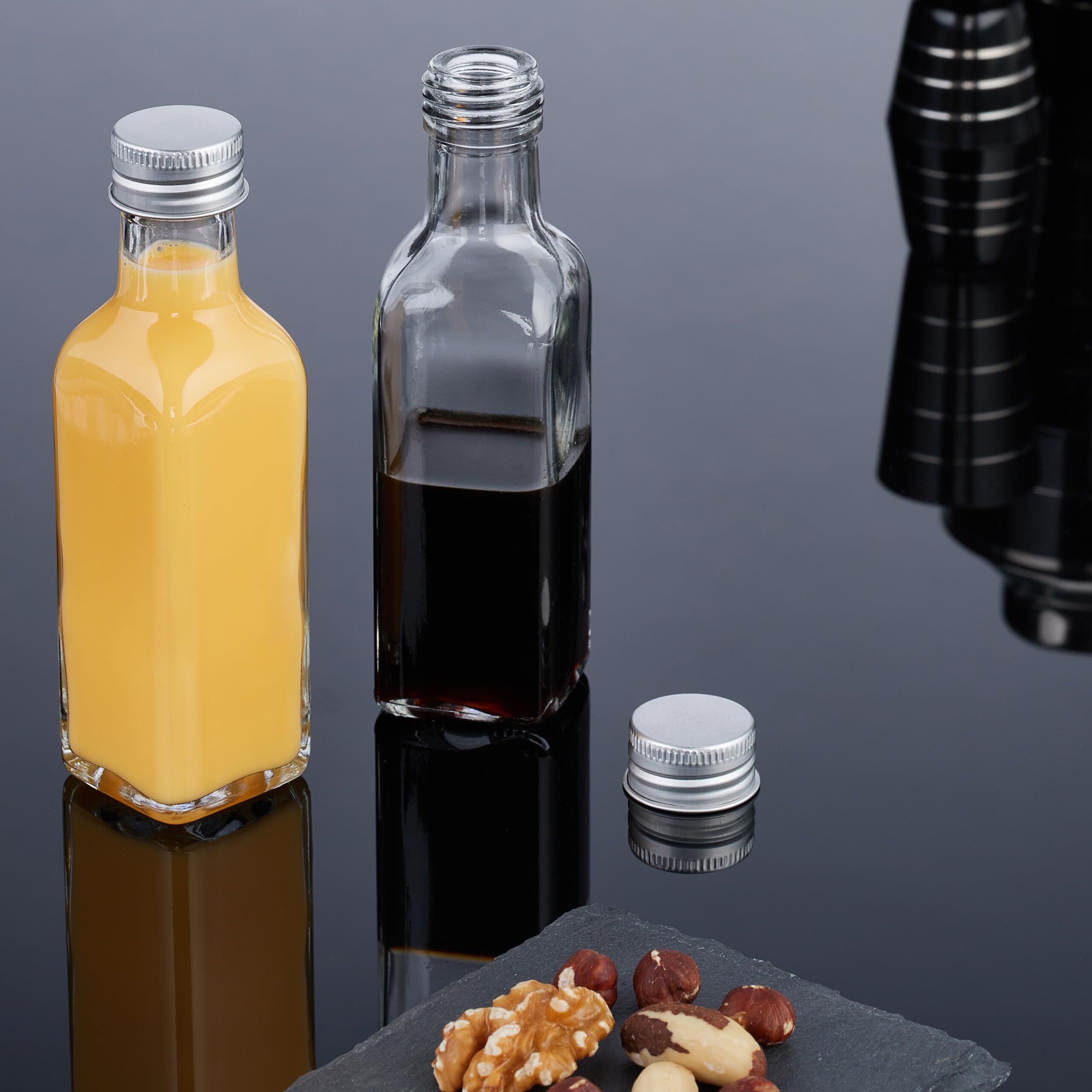 Relaxdays Małe butelki, zestaw 20 sztuk, 100 ml, szklane butelki do napełniania, zakrętki i korki, przezroczyste/srebrne