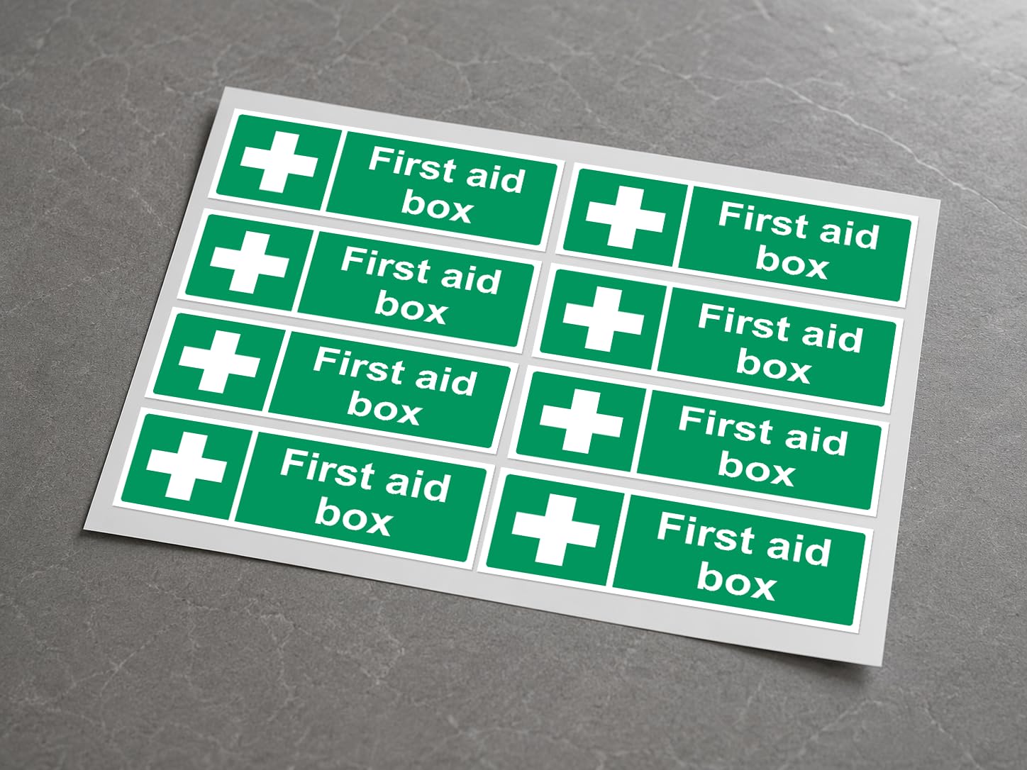 First aid box sign - 150x50mm pack of 8 stickers on A4 sheet