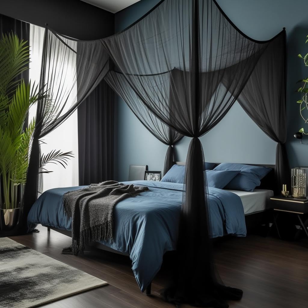 Mosquito Net Bed Canopy, Black Netting Four Corner Post Curtains Bed ...