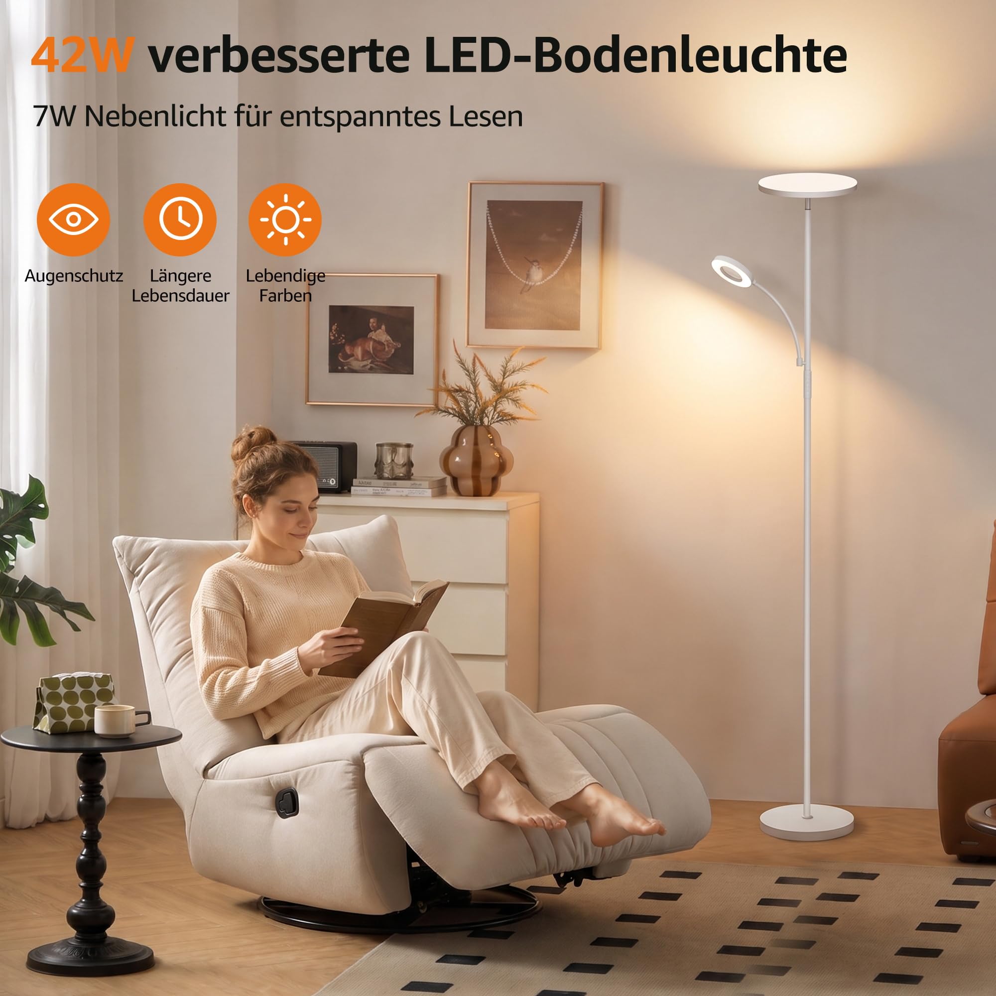 42W superhelle Uplighter Stehleuchte für Wohnzimmer, 4200LM dimmbare Torchiere Standleuchte mit Fernbedienung, Touch-Control, 2700K-6500K, Timer, 175 cm hohe Leuchte zum Lesen für Schlafzimmer, Büro