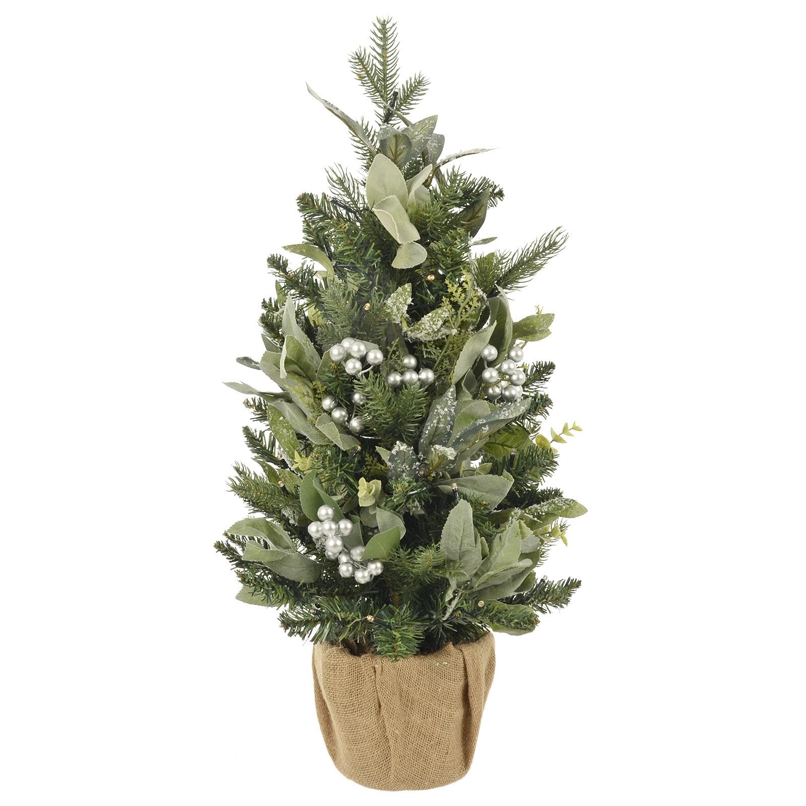 Mr Crimbo Green Pre-Lit Mini Christmas Tree 50 Warm White Lights Silver Berries Frosted Branches 60Cm