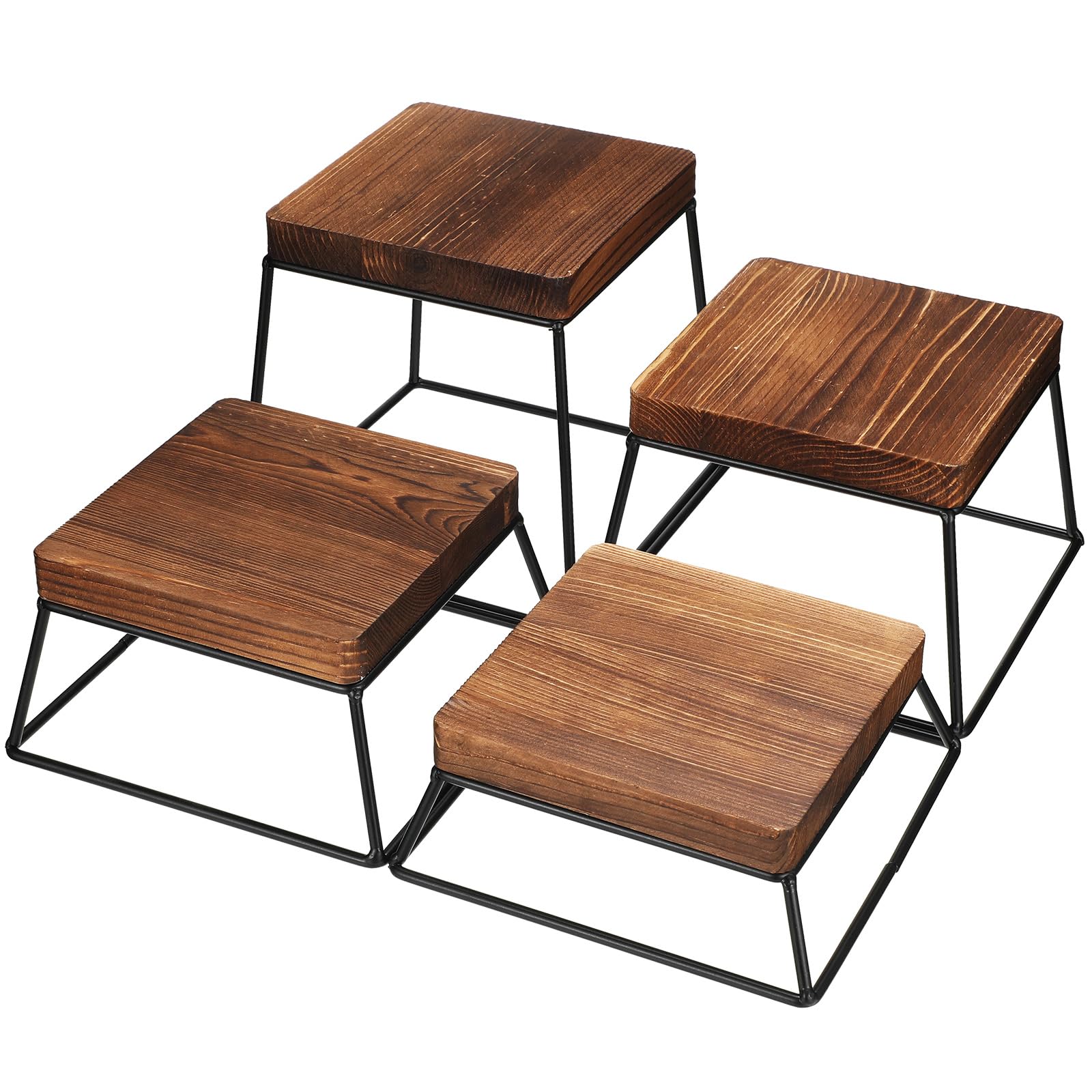 Youyole 4 Pcs 6 x 6 Inch Modern Wooden Food Display Retail Square Cupcake Stand Buffet Risers with Metal Wire Base Towers Serving Tray for Cake Cupcake Dessert Appetizers Holder Party Supply