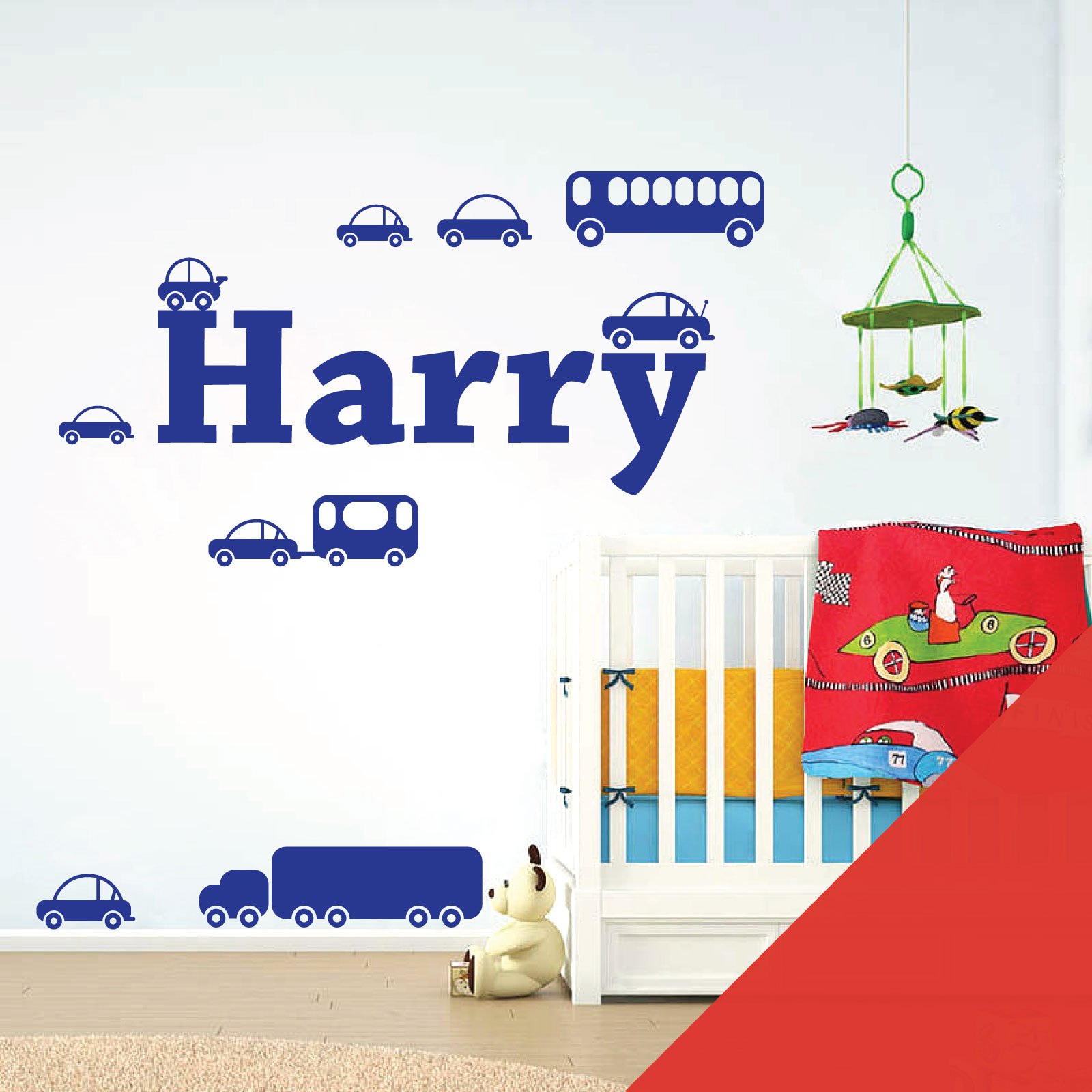 Personalised Name Boys Wall Art Sticker - Cartoon Trucks, Cars, Bus, Caravan, Taxi Set [Large] [Tomato] — image 1