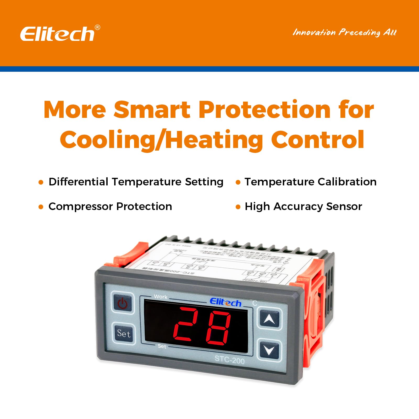 Elitech STC-200+ Régulateur de température numérique avec mode refroidissement/chauffage/alarme, retard du compresseur et réglage de paramètres en 2 étapes, pour réfrigérateur, congélateur, aquarium