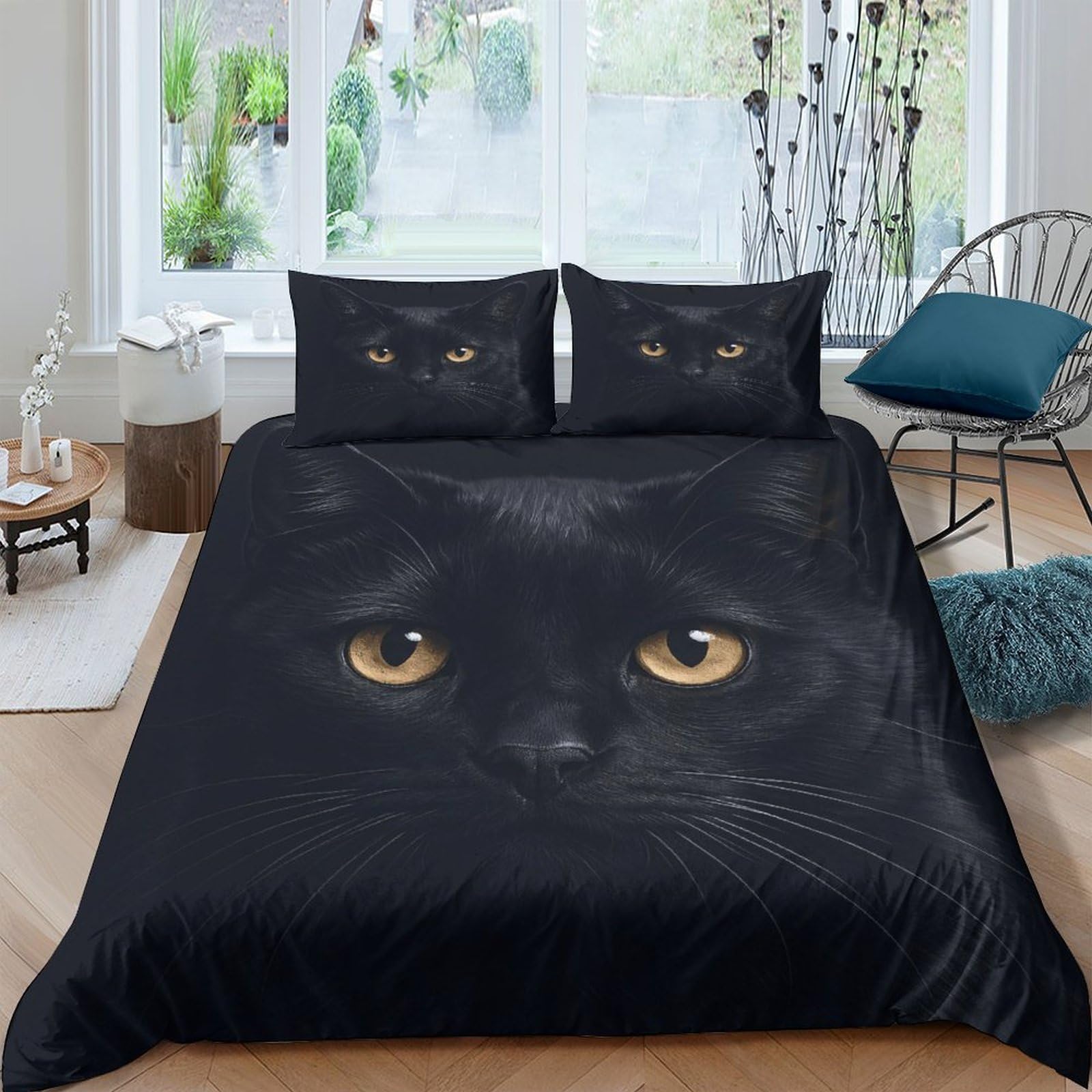 GPLZQXKJNH 3D Printed Black Cat Eyes Duvet Cover Set Microfiber Soft Bedding Set with 2 Pillowcases for Bedroom Decor, Breathable, All Seasons Single（135x200cm）