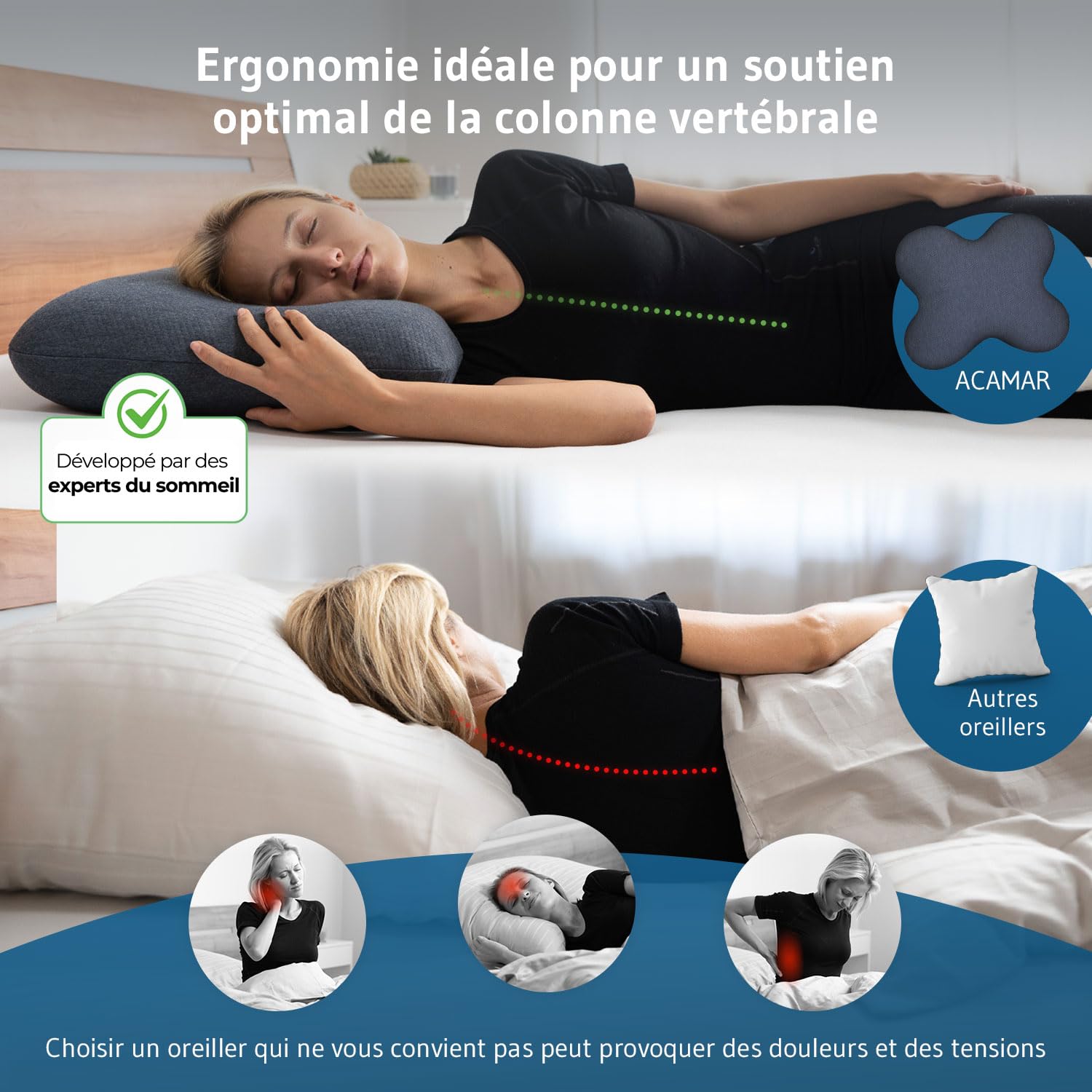 Oreiller cervical ACAMAR QuickDry à Mémoire de Forme pour dormeur latéral | Coussin ergonomique cervical idéal pour dormir sur le côté ou mi-côté ventre, housse avec thermorégulation et séchage rapide