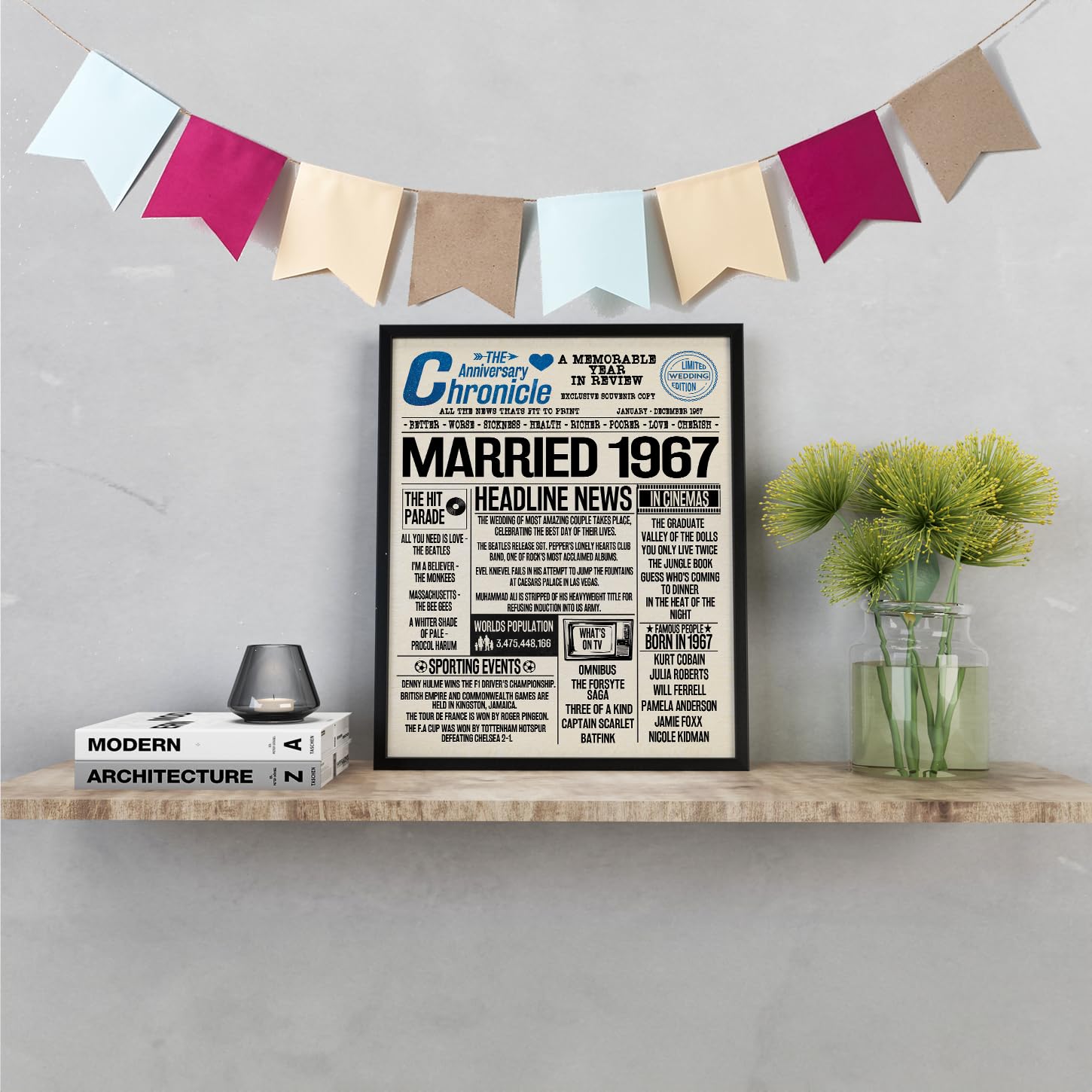Stuff4 59th Anniversary Poster Framed, Married In 1967 Newspaper - Image 3
