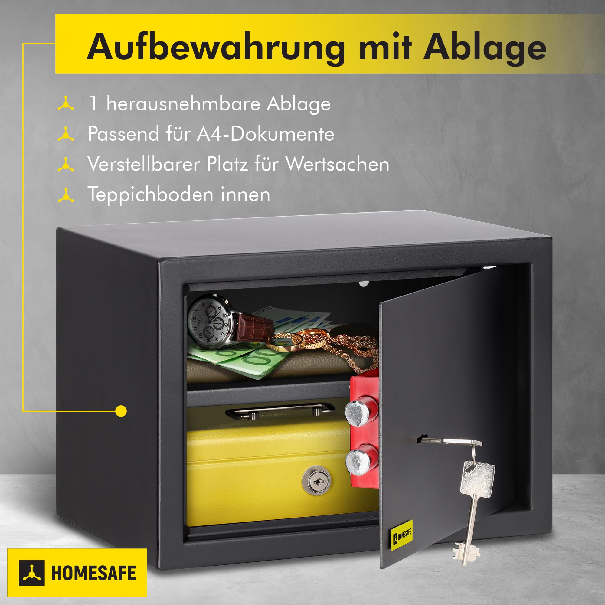 HomeSafe HV25K Möbeltresor mit Schlüssel, 25x35x25cm (HxBxT), kleiner Tresor für Zuhause, Safe Box mit Schloss, Schranksafe, Geldsafe für Geld