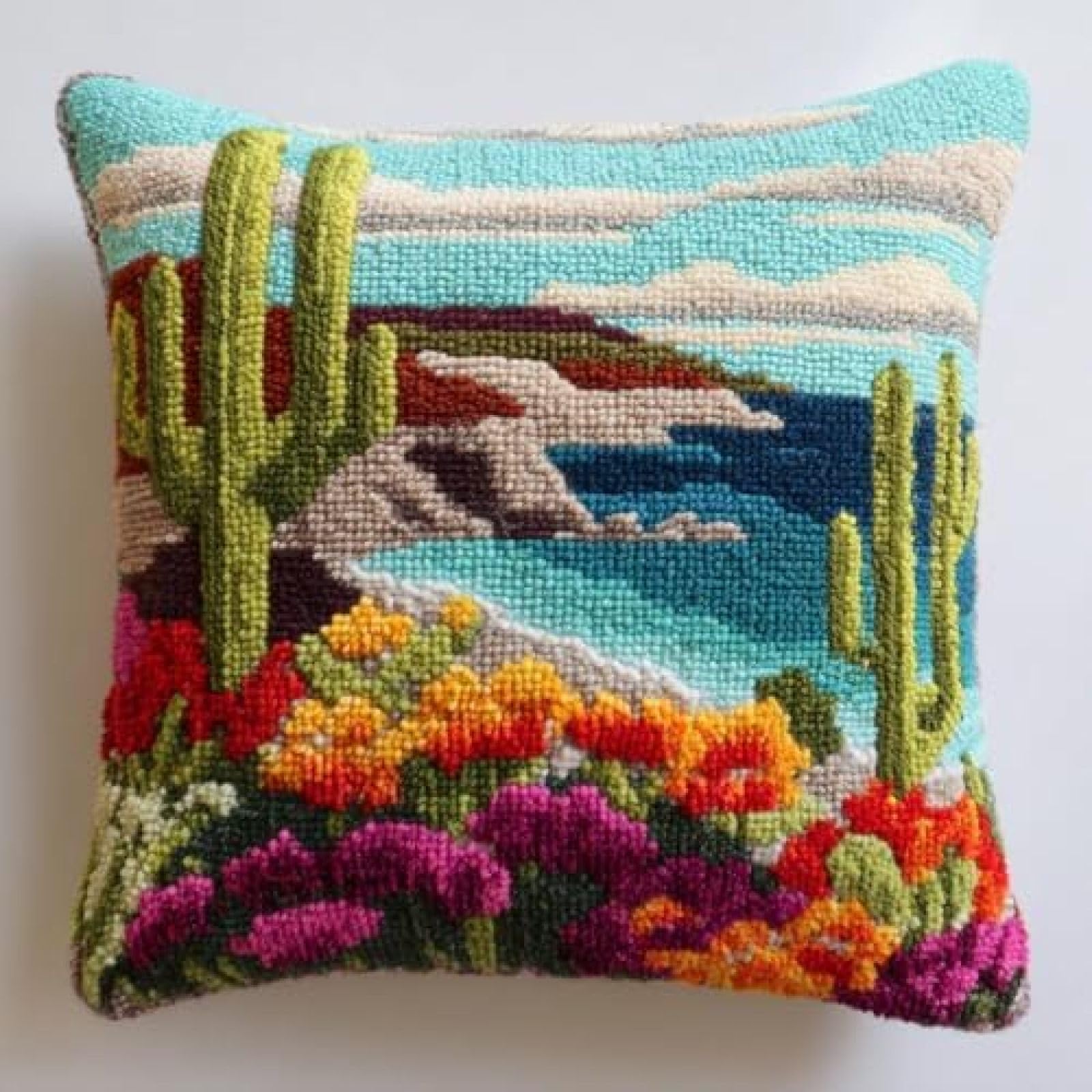 kitphoenix Latch Hook Cushion Kit for Adults,Cactus Flowers and Sea,Beginner Friendly DIY Craft Set with Pre-Cut Yarn,Hook and Printed Canvas,43x43 cm Cushion Cover
